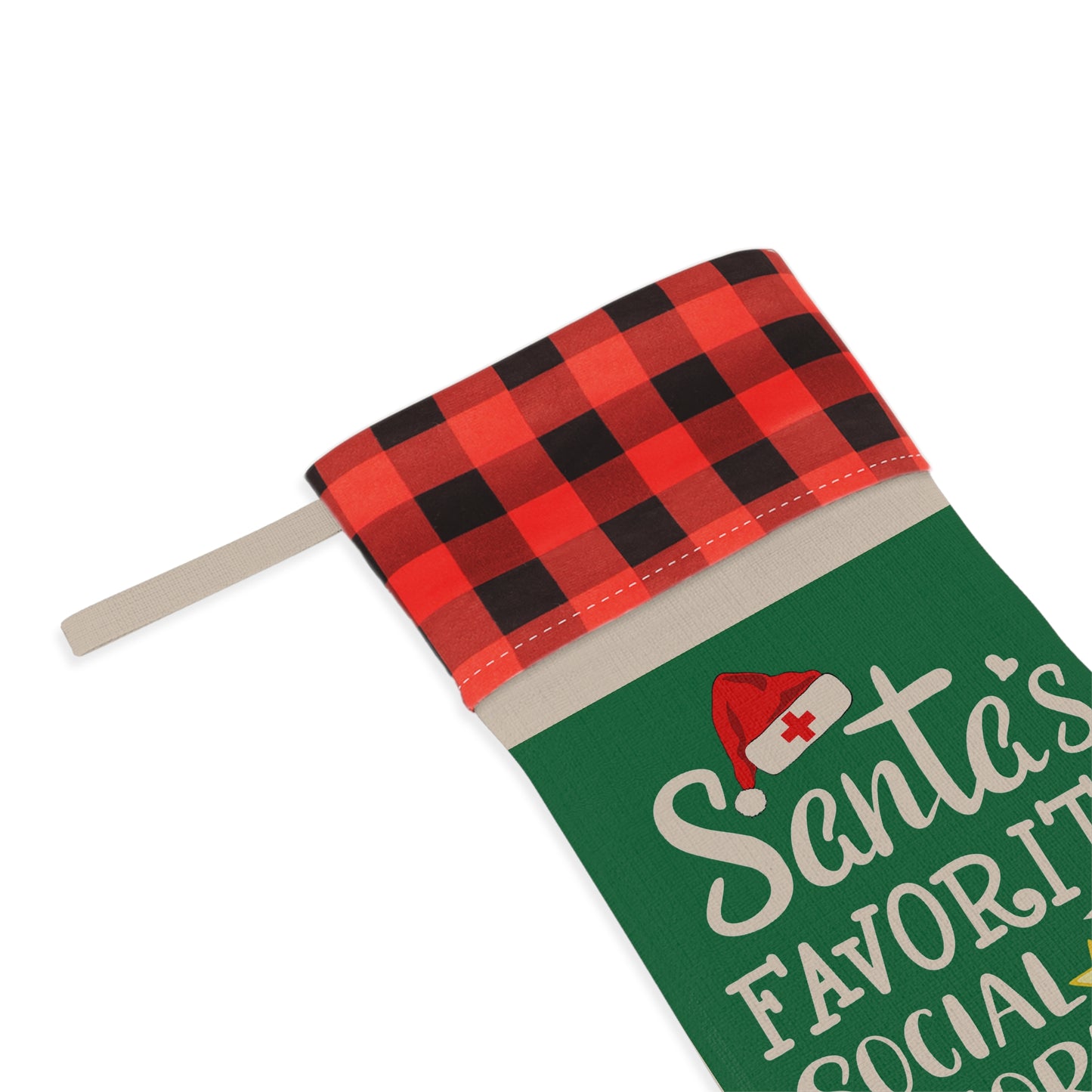 Christmas Stocking - "Santa's Favorite Social Worker" Plaid Cuff Holiday Stocking - Medical Social Work