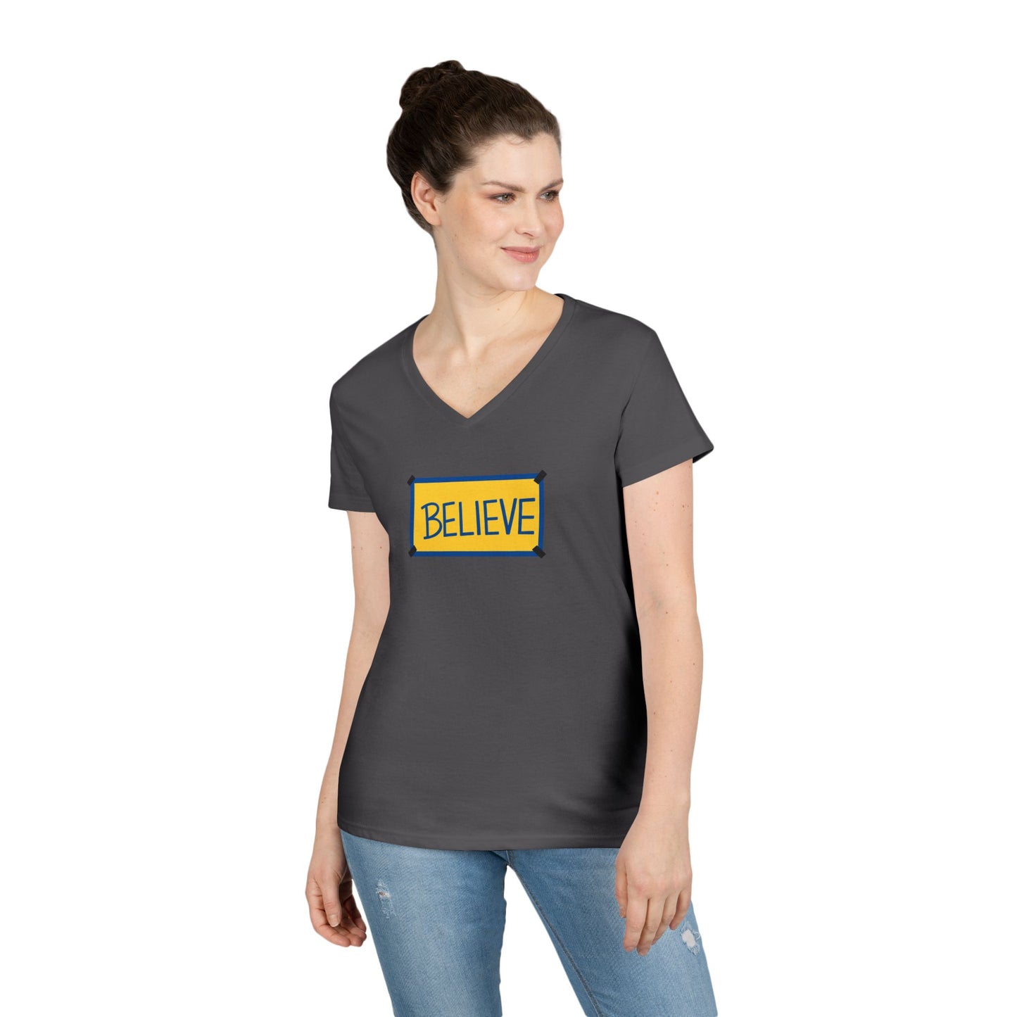 Believe Ladies' V-Neck Tee — Inspirational Graphic T-Shirt for Women (Social Worker/Mental Health)