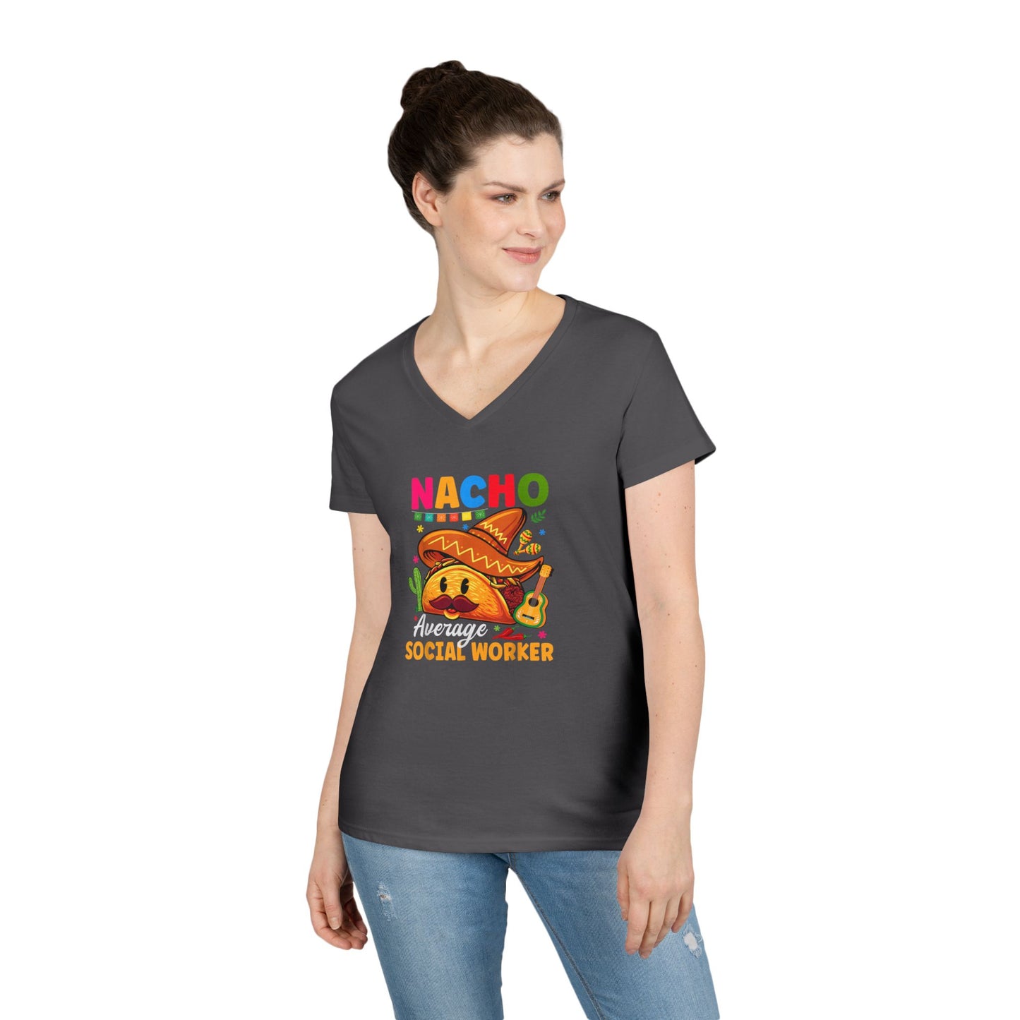 Ladies' V-Neck T-Shirt — "Nacho Average Social Worker" Funny Mexican Food Graphic Tee