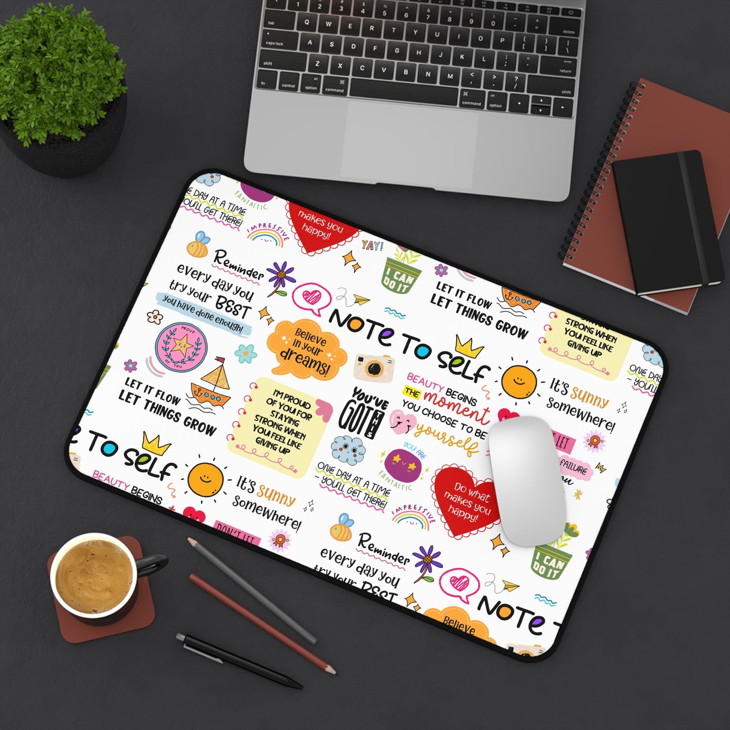 Inspirational Notes Desk Mat — Colorful Motivational Workspace Pad (Mental Health/Social Worker)
