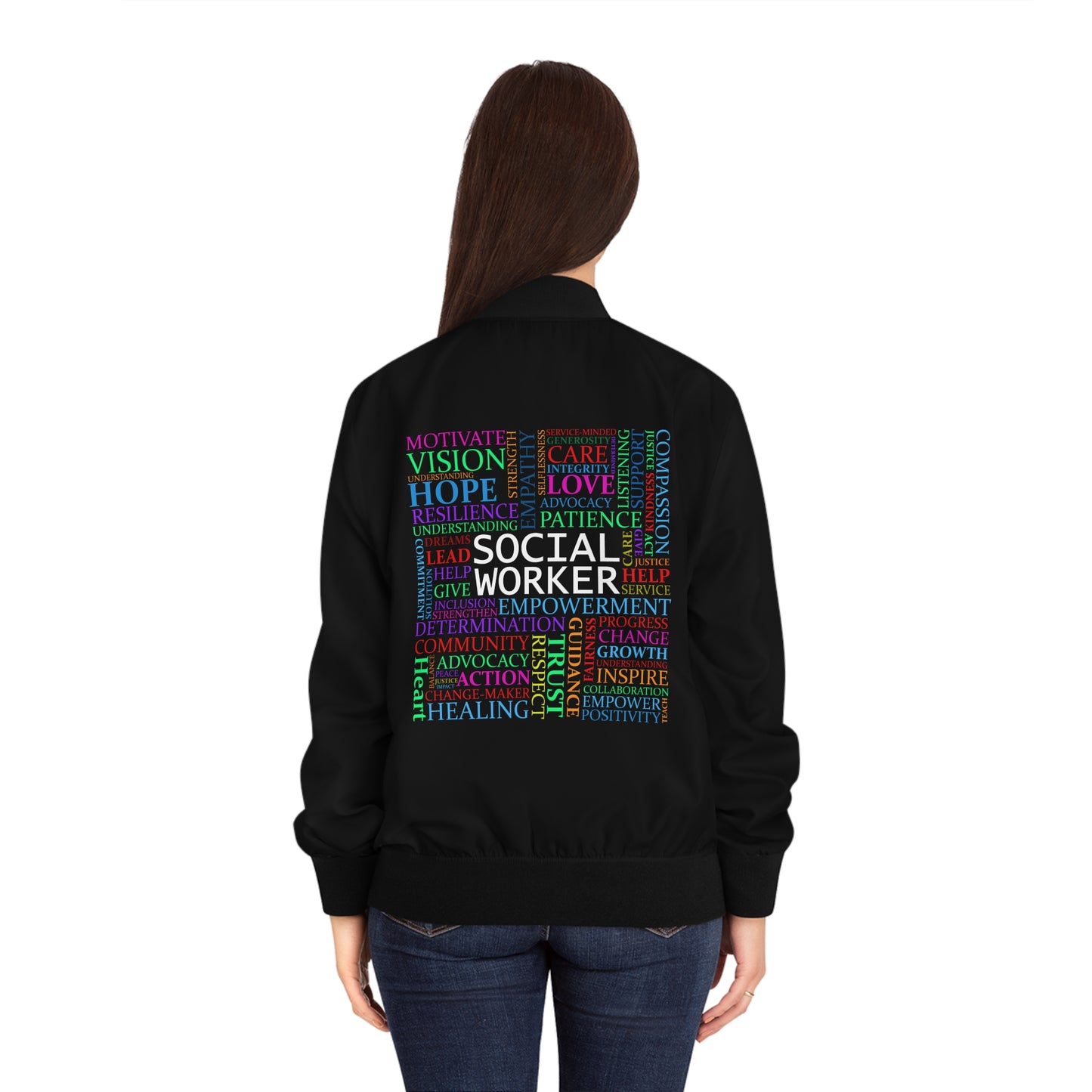 Social Worker Word Cloud Bomber Jacket (Black)