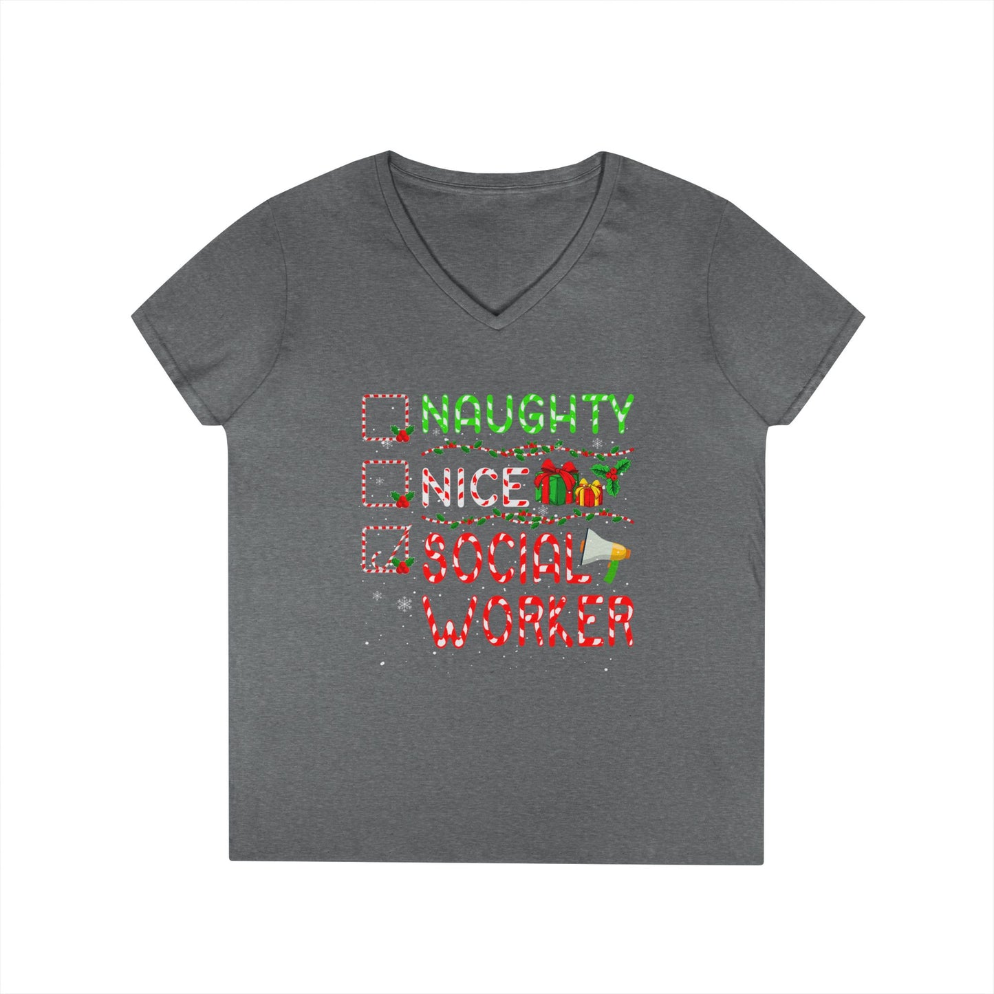 Social Worker Christmas V-Neck T-Shirt — Naughty Nice Social Worker Holiday Tee