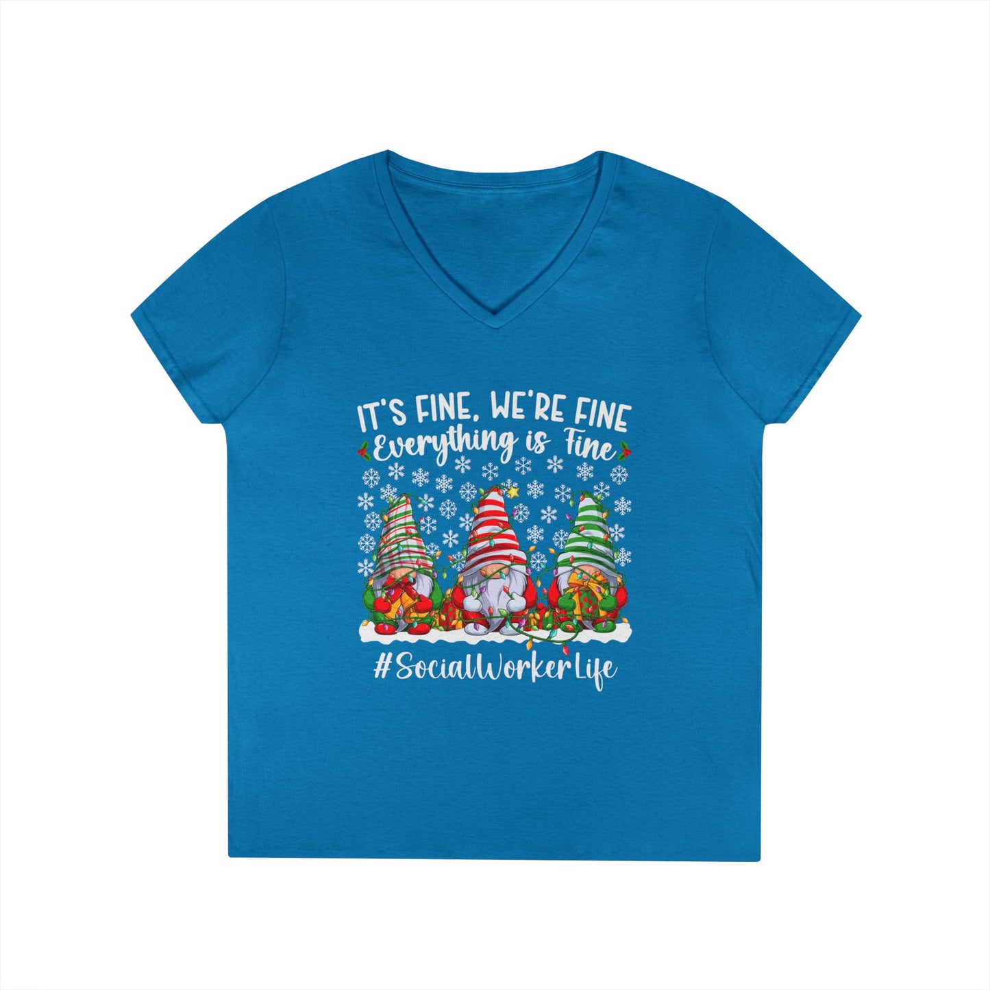 Social Worker Life Christmas V-Neck Tee — "It's Fine, We're Fine" Gnome Holiday Shirt