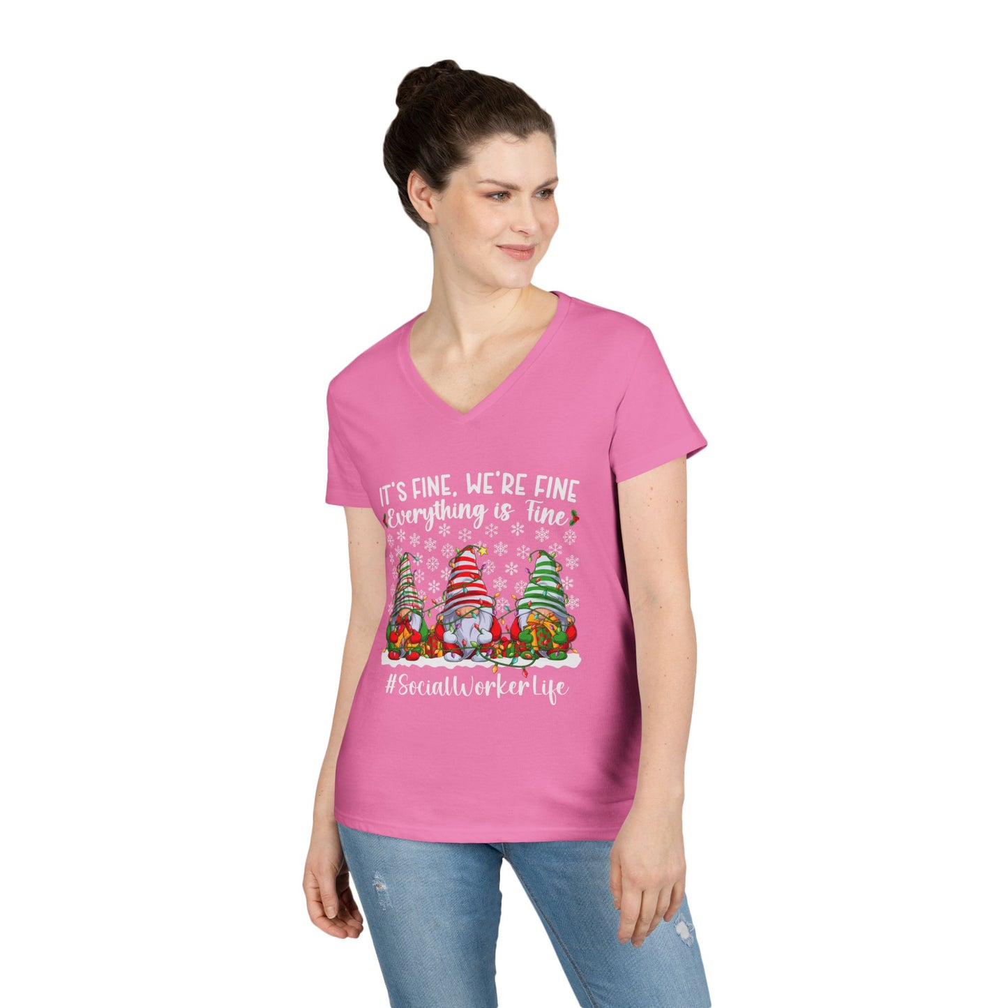 Social Worker Life Christmas V-Neck Tee — "It's Fine, We're Fine" Gnome Holiday Shirt