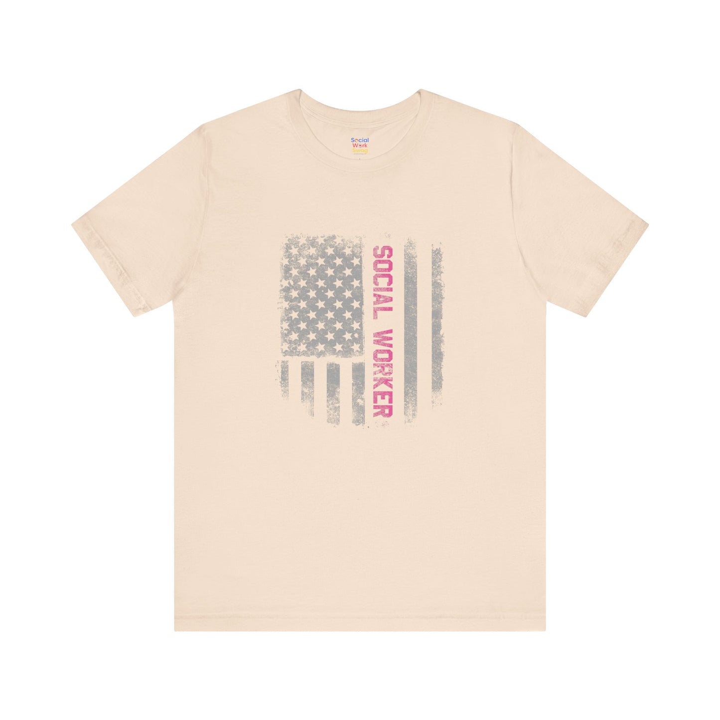 Unisex-Social Worker American Flag T-Shirt — Distressed Gray & Pink Honor Tee