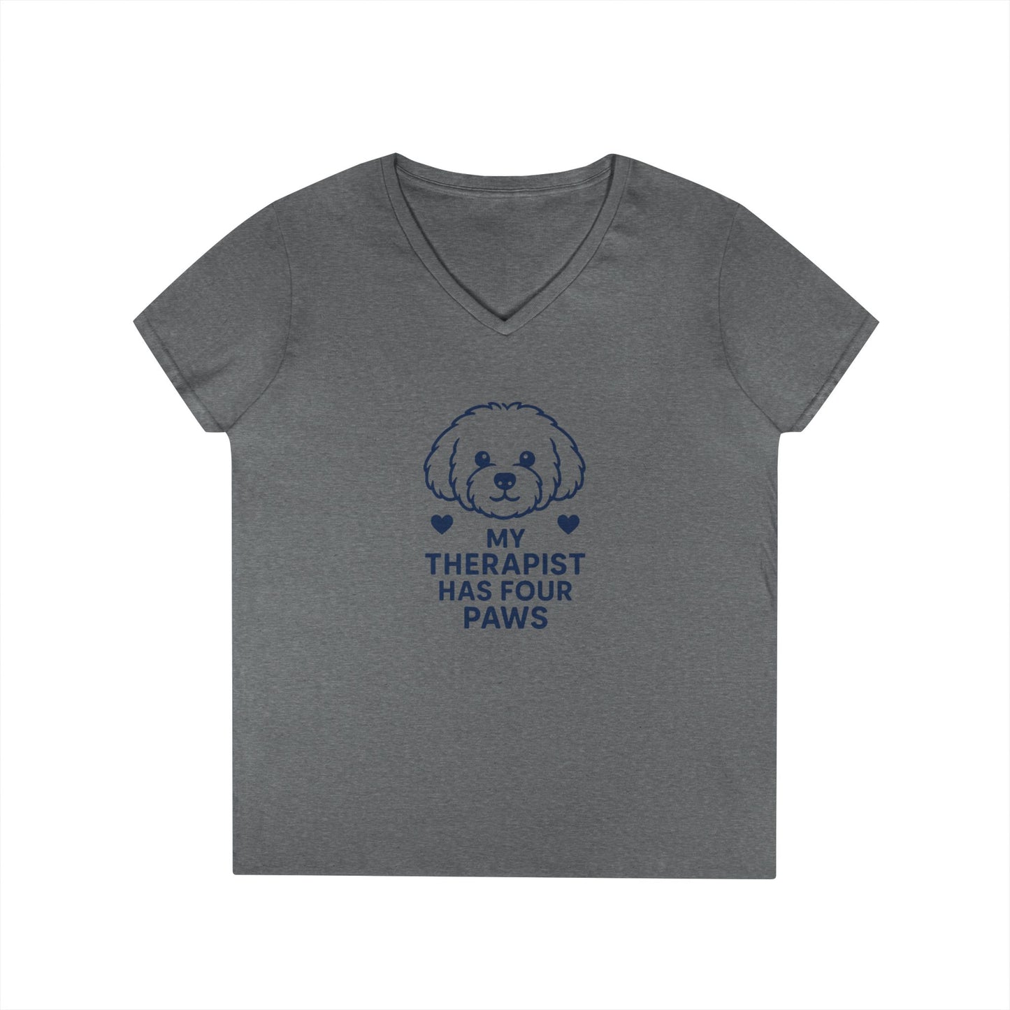 Dog Lover V-Neck Pet Tee — “My Therapist Has Four Paws” Women’s T‑Shirt