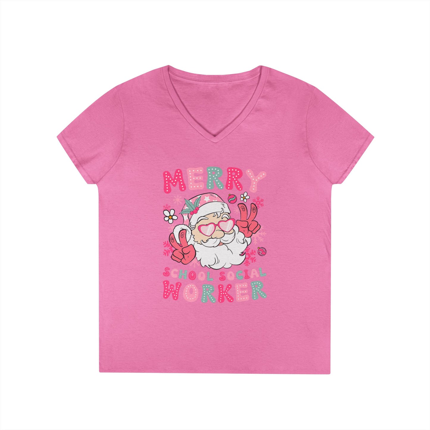 Merry School Social Worker V-Neck Tee — Cute Santa Holiday Shirt for Female Educators