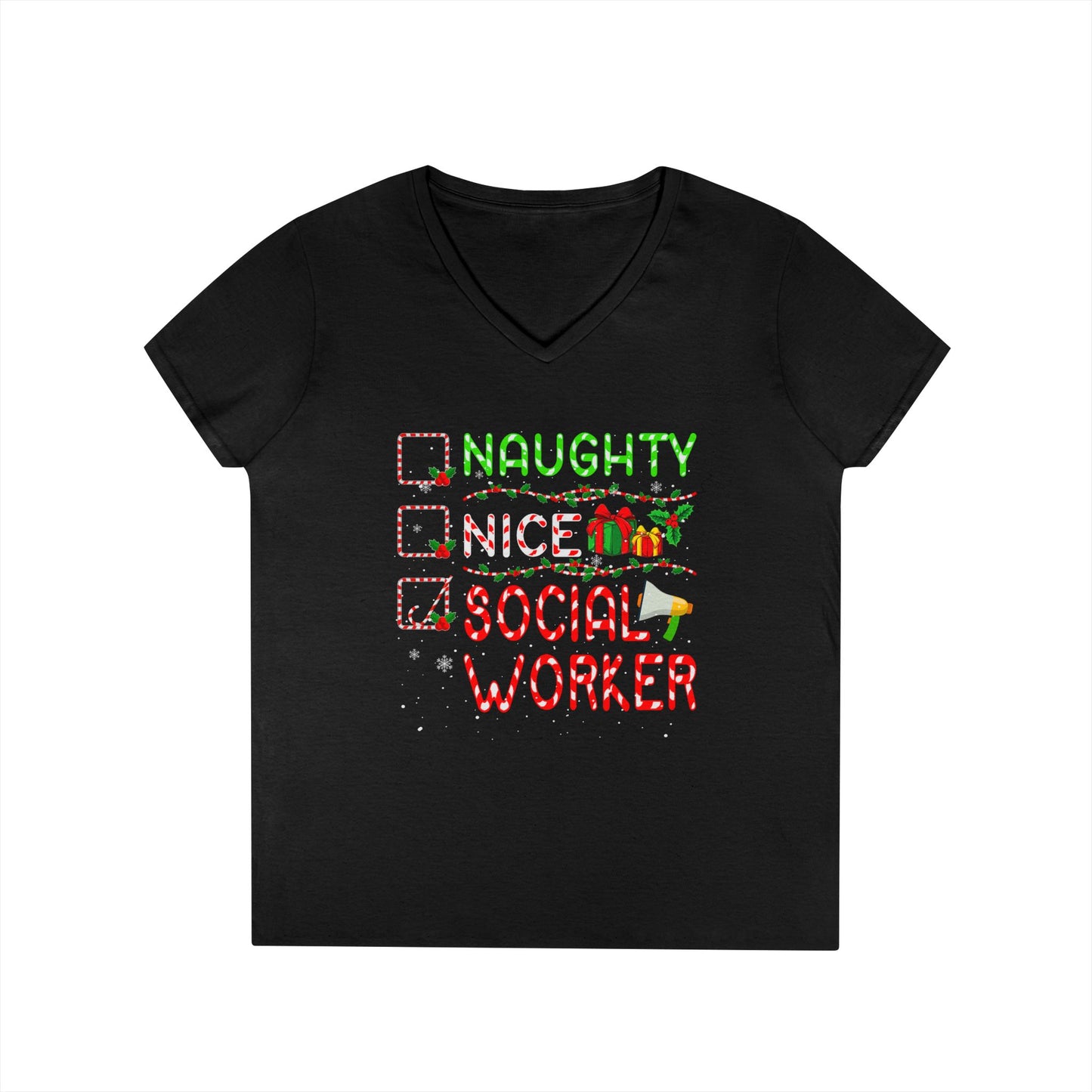 Social Worker Christmas V-Neck T-Shirt — Naughty Nice Social Worker Holiday Tee