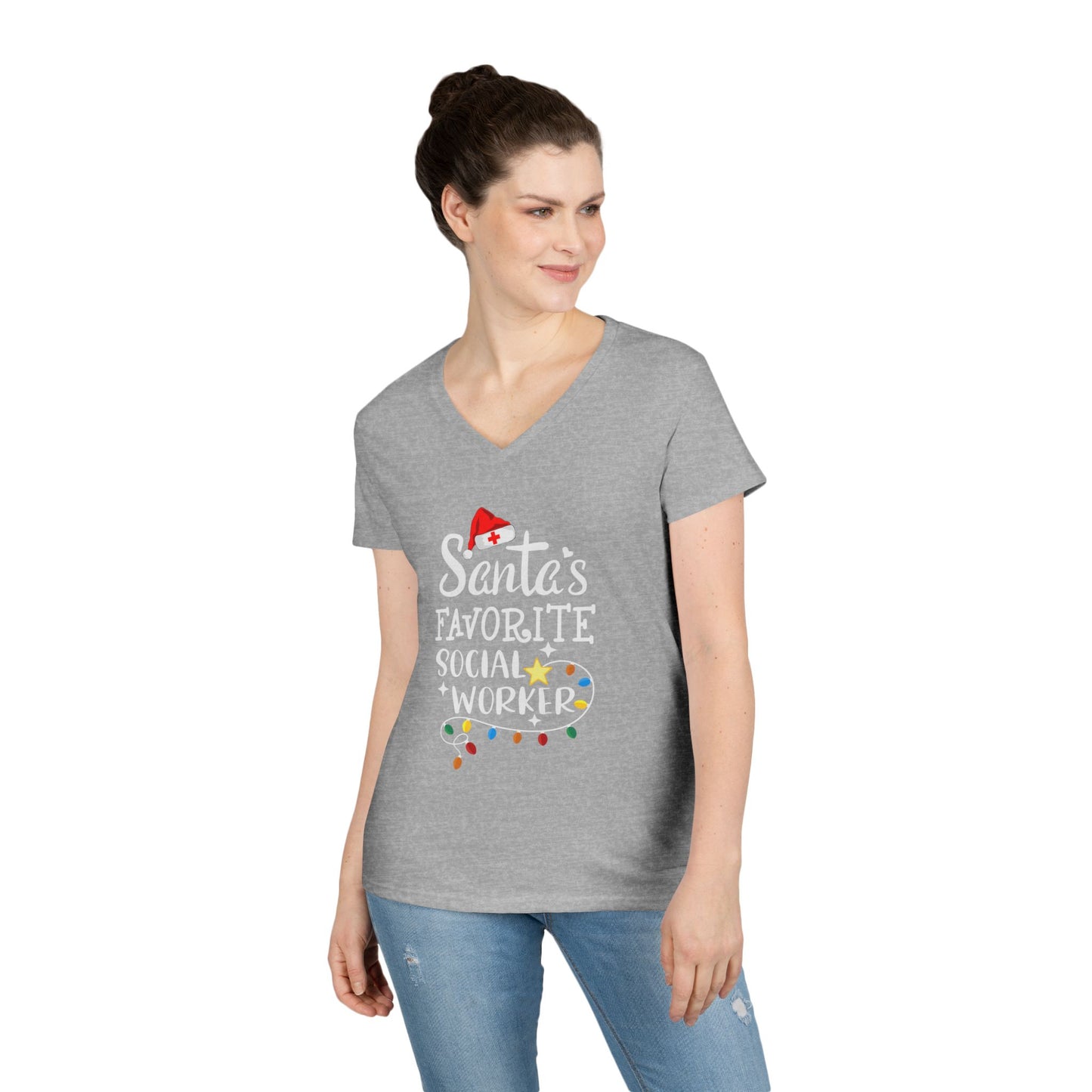 Christmas V-Neck Tee — "Santa’s Favorite Social Worker" Holiday T-Shirt - Medical Social Work