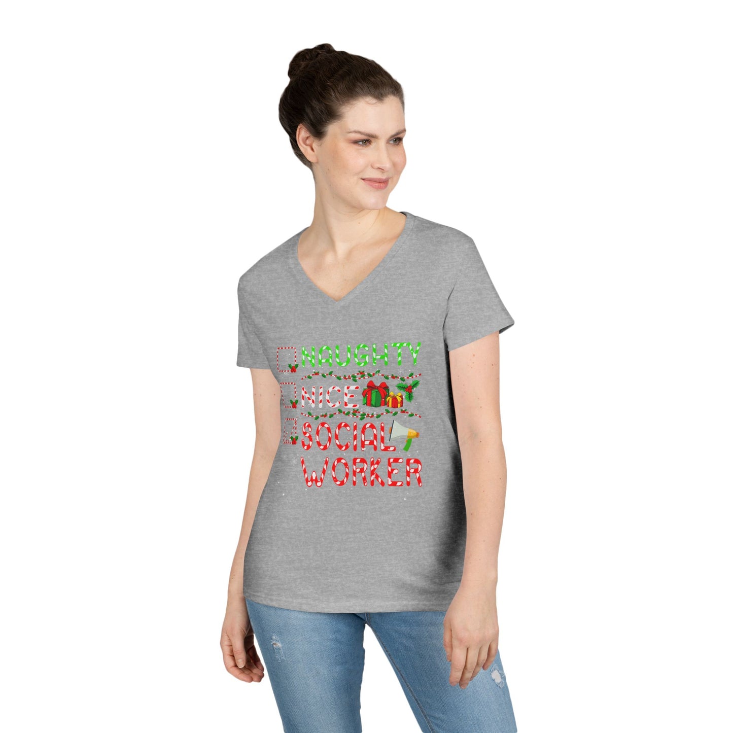 Social Worker Christmas V-Neck T-Shirt — Naughty Nice Social Worker Holiday Tee