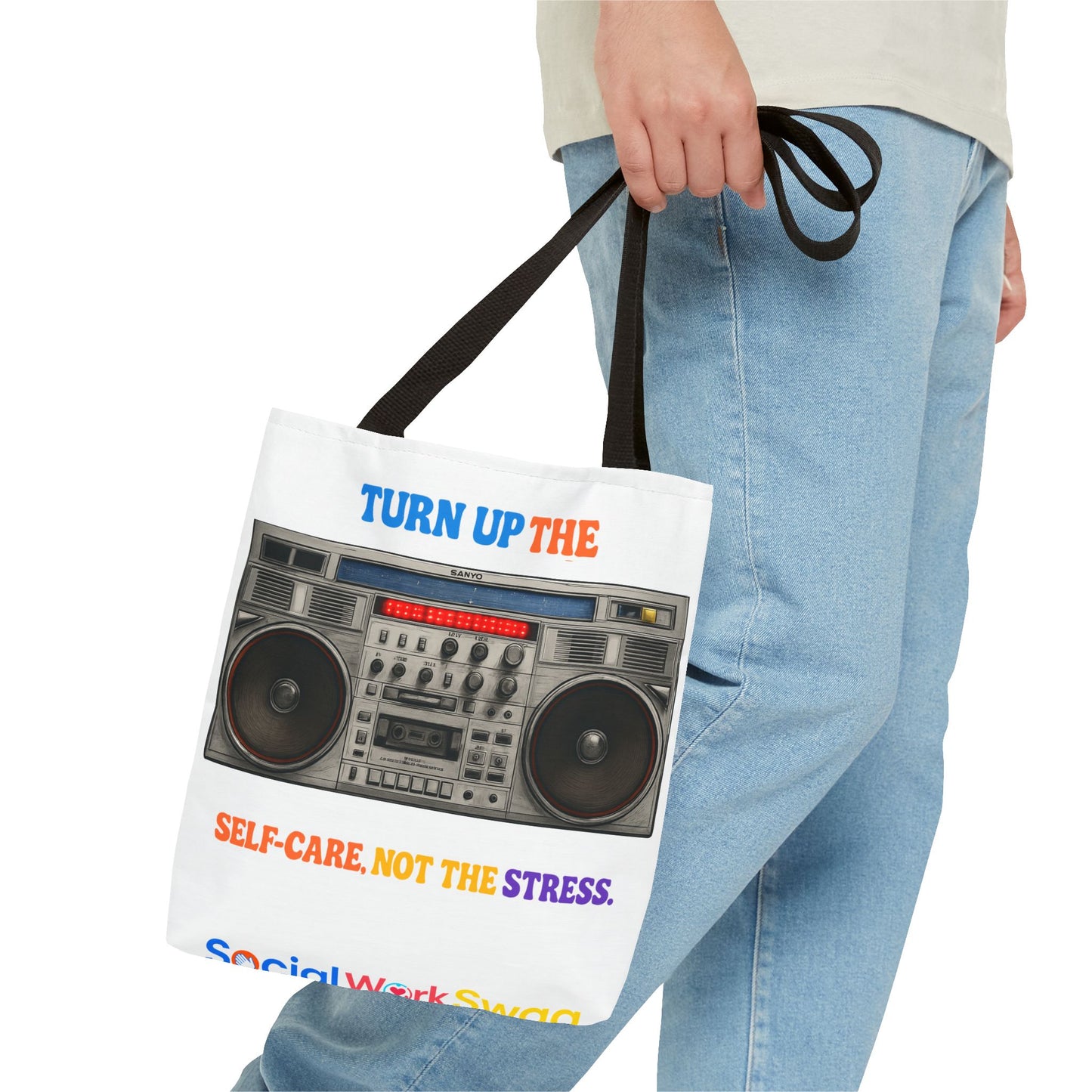 Turn Up the Self-Care Tote Bag — Retro Boombox 'Self-Care, Not the Stress' (Mental Health/Social Worker)