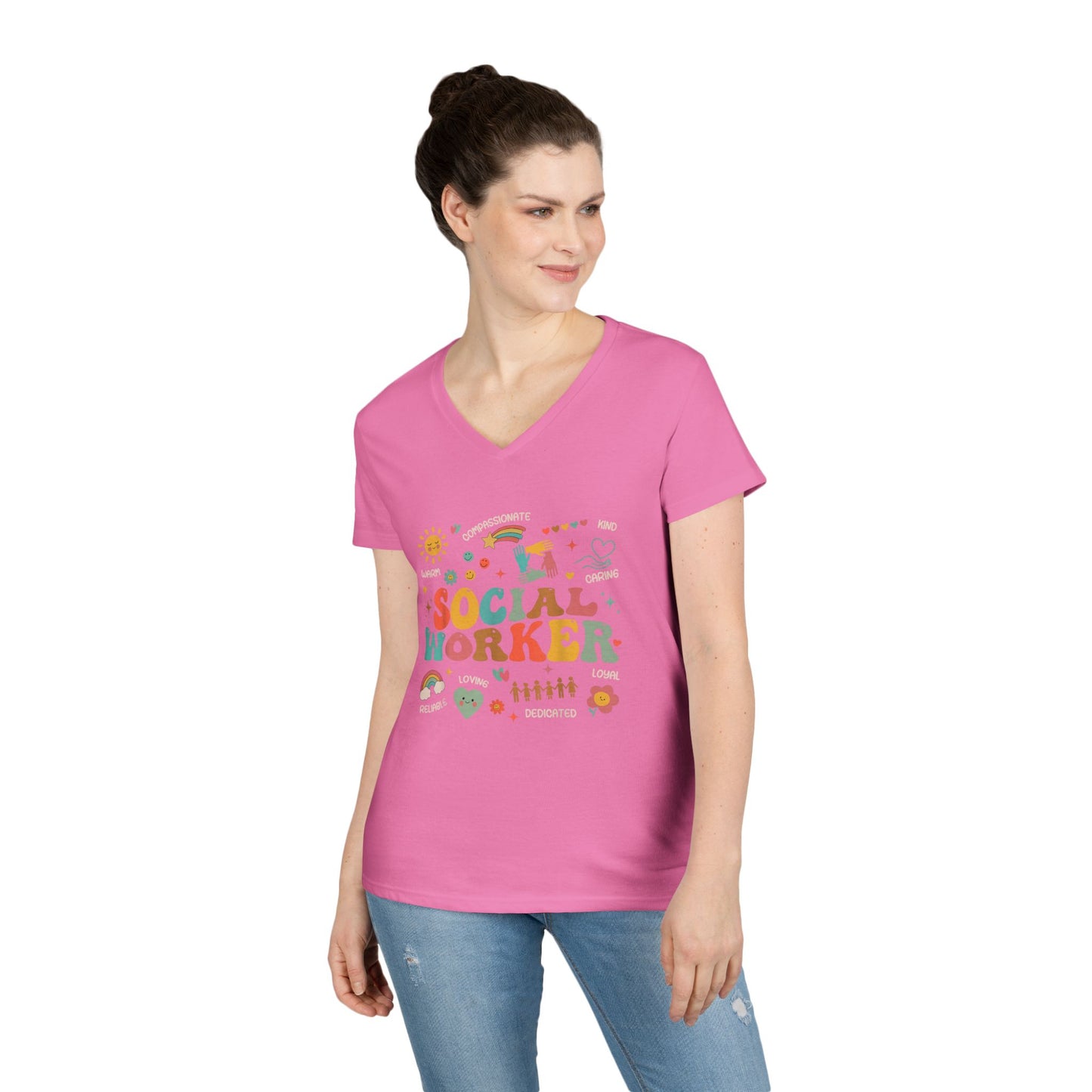 Ladies' V-Neck T-Shirt — Colorful 'October' Retro Fall Graphic Tee - Social Worker