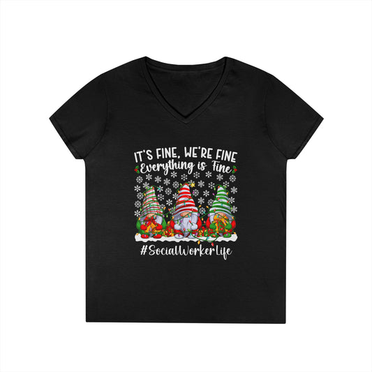 Social Worker Life Christmas V-Neck Tee — "It's Fine, We're Fine" Gnome Holiday Shirt