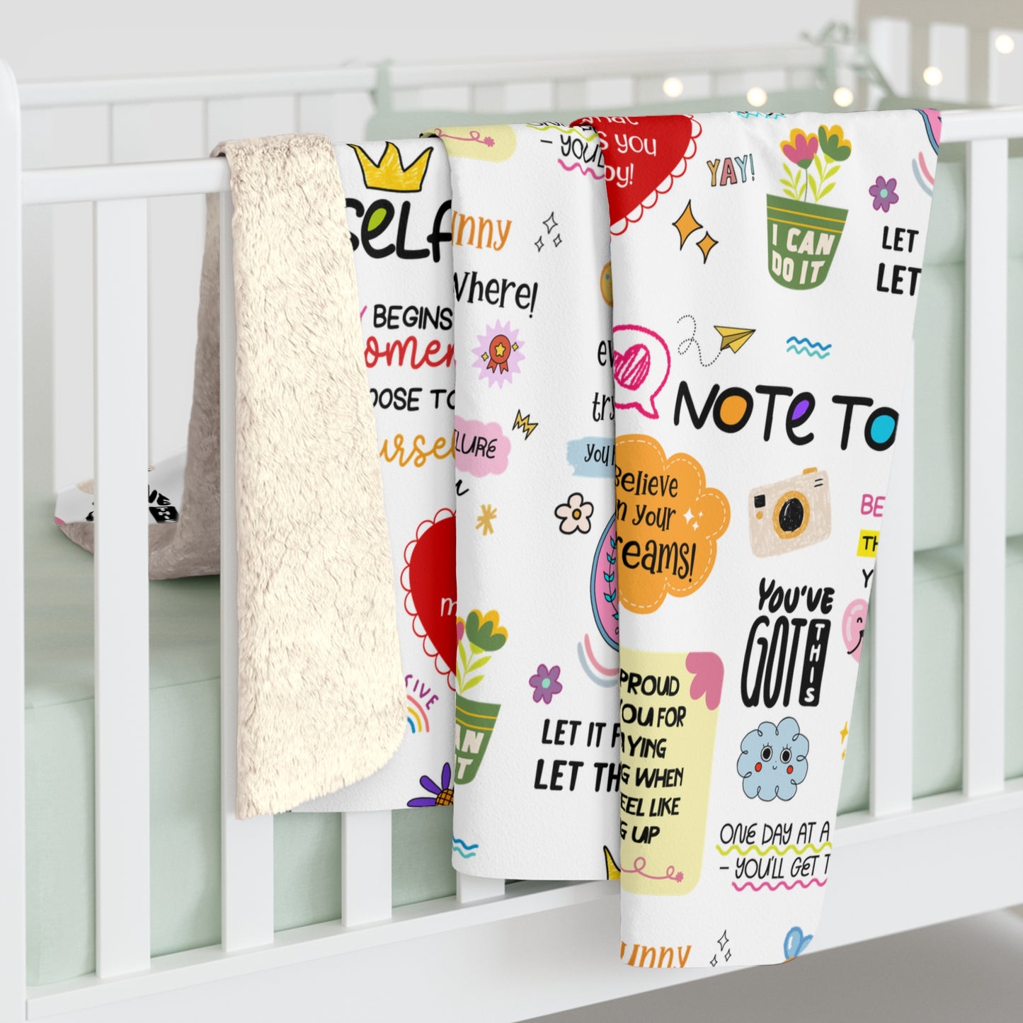 Sherpa Blanket — Positive Quotes Pattern Cozy Throw ("Note to Self" Inspirational) - Social Work