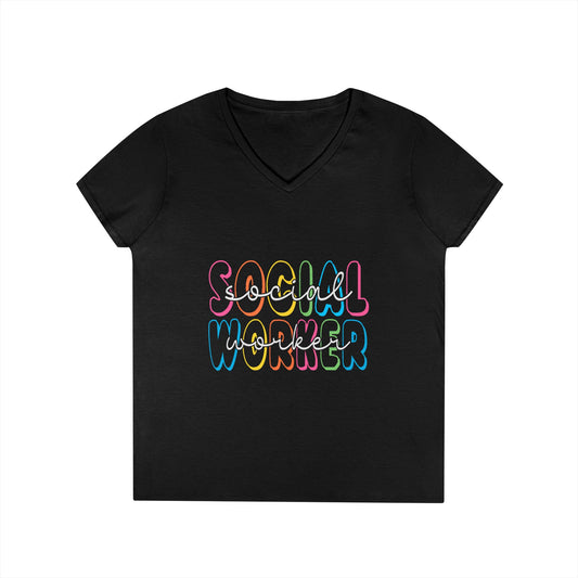 Social Worker V-Neck T-Shirt — Colorful Retro Script Women’s Tee