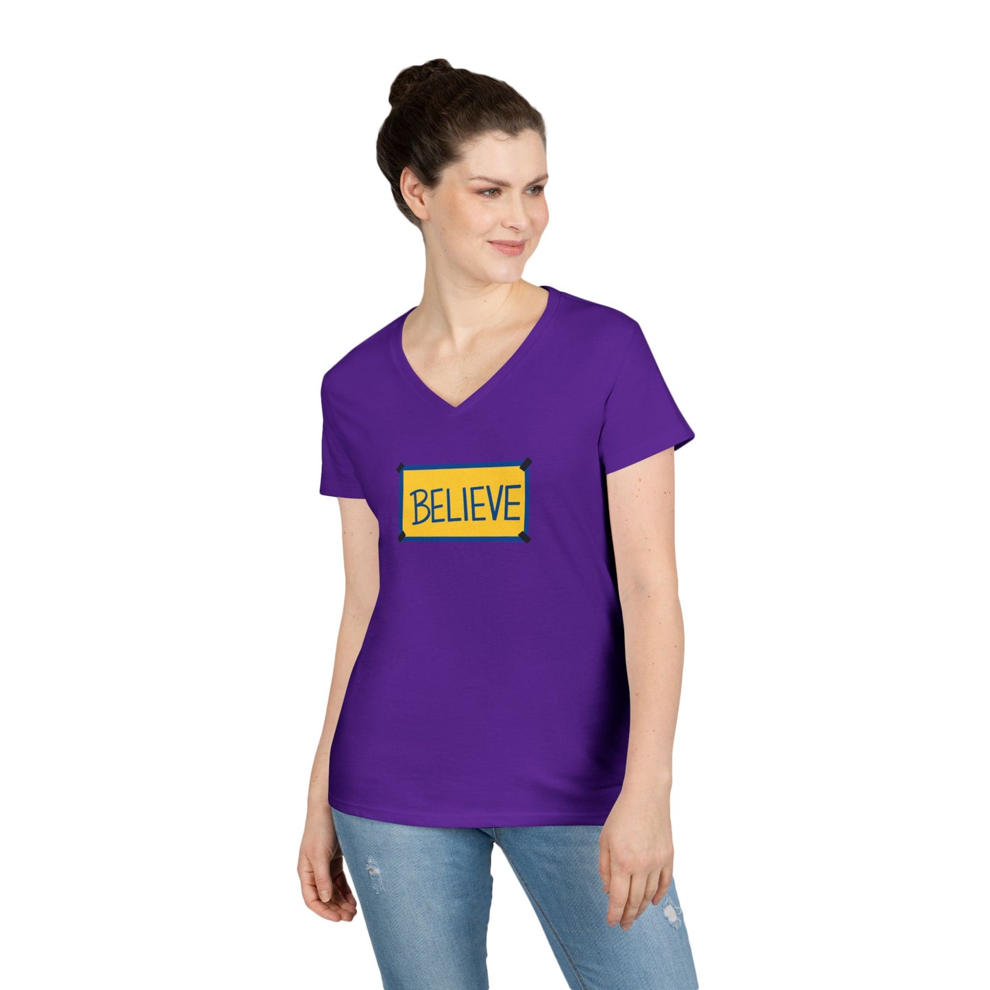 Believe Ladies' V-Neck Tee — Inspirational Graphic T-Shirt for Women (Social Worker/Mental Health)