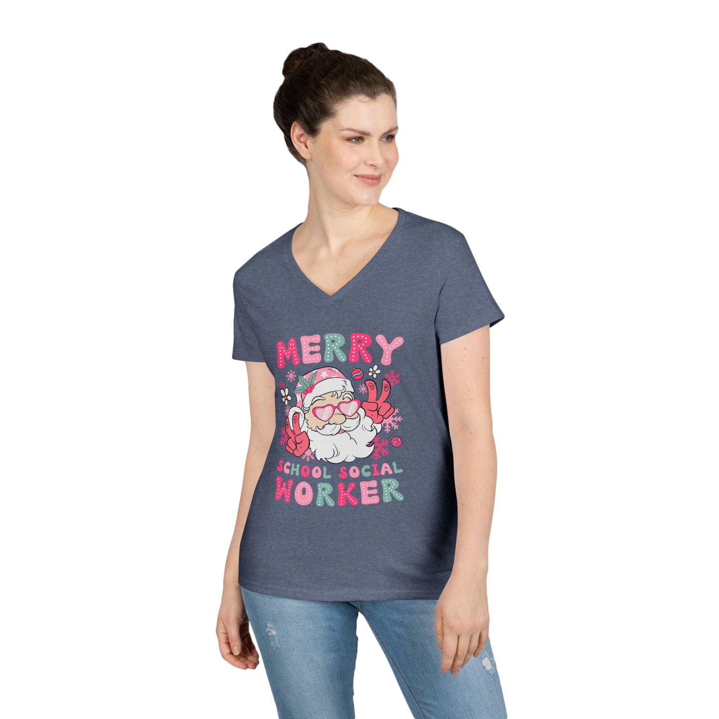 Merry School Social Worker V-Neck Tee — Cute Santa Holiday Shirt for Female Educators