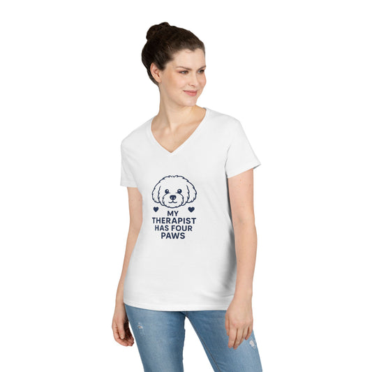 Dog Lover V-Neck Pet Tee — “My Therapist Has Four Paws” Women’s T‑Shirt
