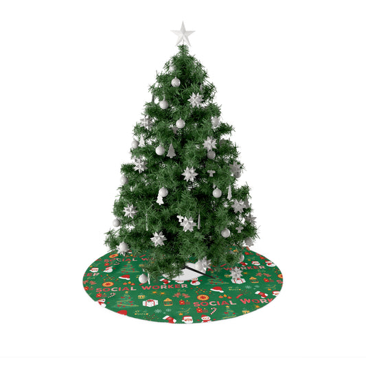 Social Worker Christmas Tree Skirt – Festive Green Holiday Tree Skirt with Santa & Gifts Pattern