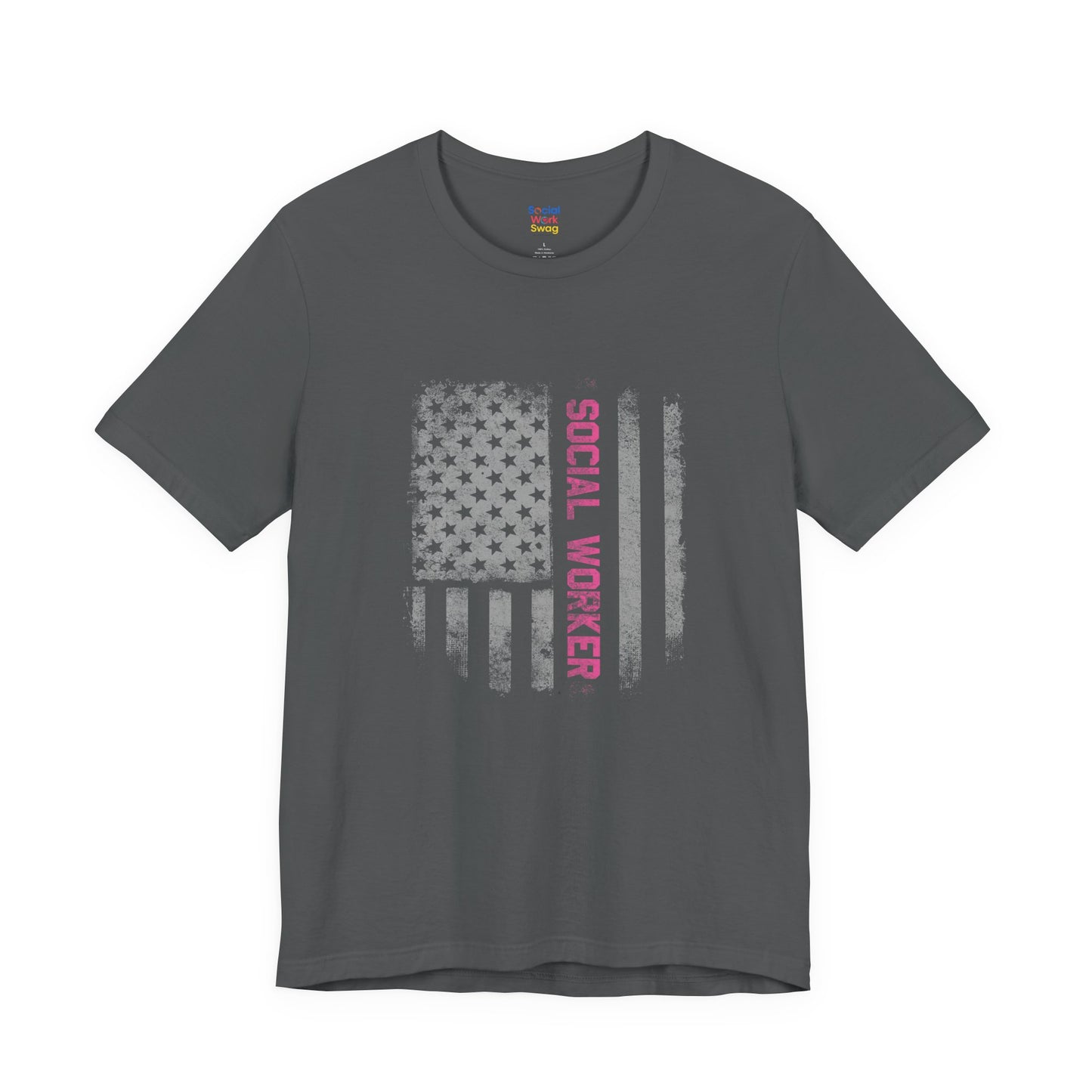 Unisex-Social Worker American Flag T-Shirt — Distressed Gray & Pink Honor Tee