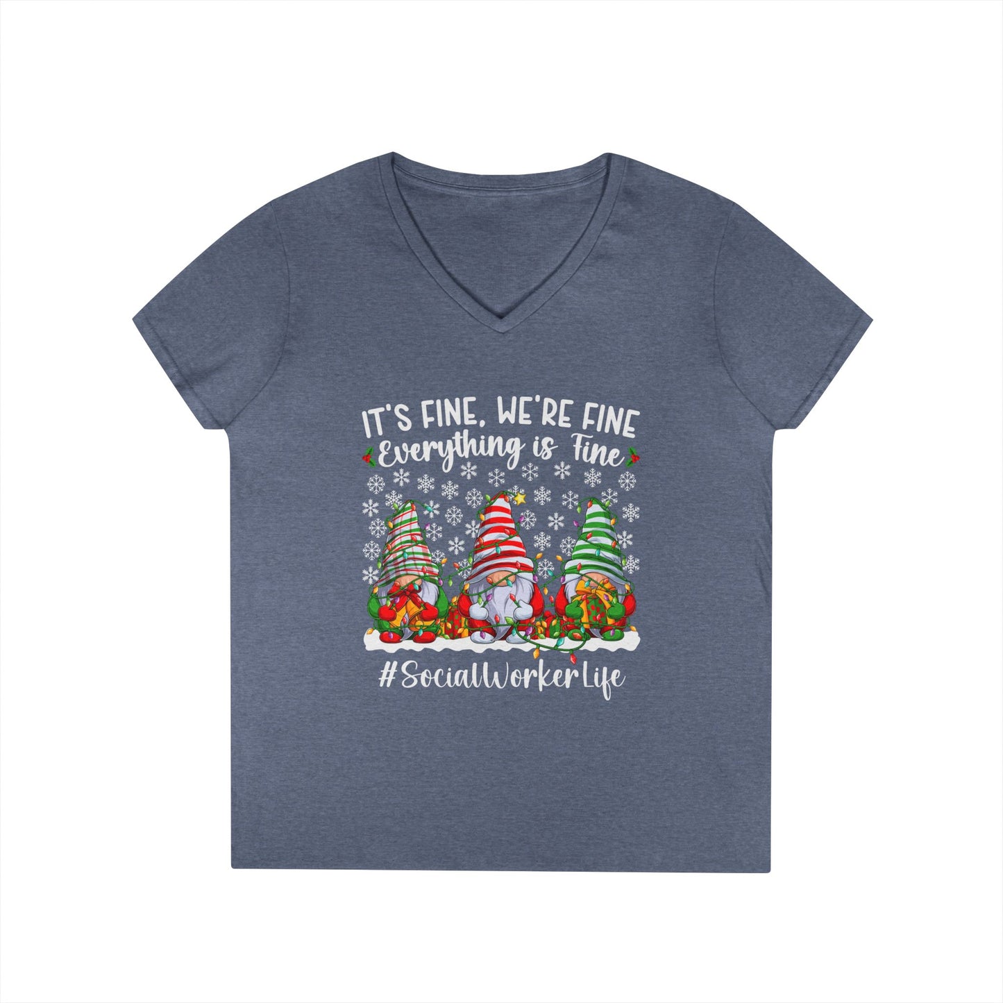 Social Worker Life Christmas V-Neck Tee — "It's Fine, We're Fine" Gnome Holiday Shirt