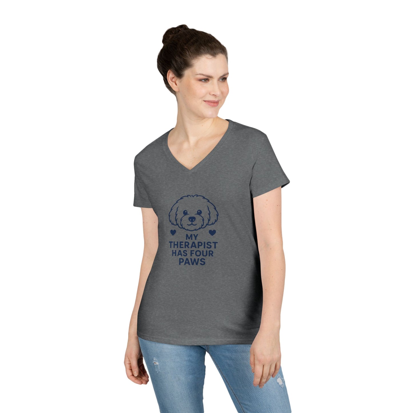 Dog Lover V-Neck Pet Tee — “My Therapist Has Four Paws” Women’s T‑Shirt