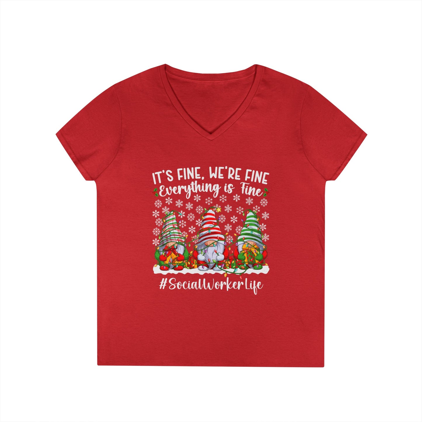 Social Worker Life Christmas V-Neck Tee — "It's Fine, We're Fine" Gnome Holiday Shirt