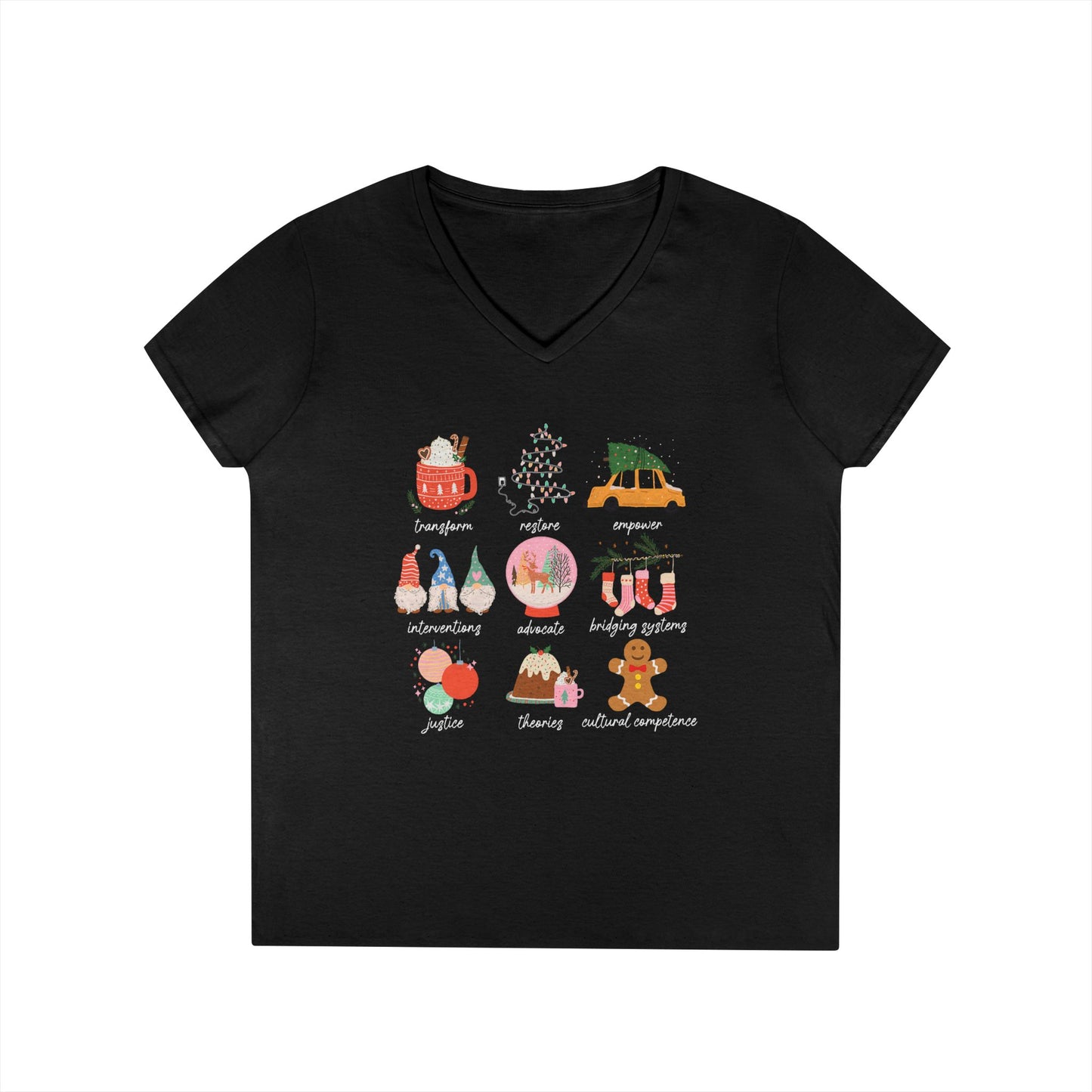 Christmas Icons Ladies' V-Neck T-Shirt — Cute Holiday Graphic Tee (Santa, Tree, Ornaments)