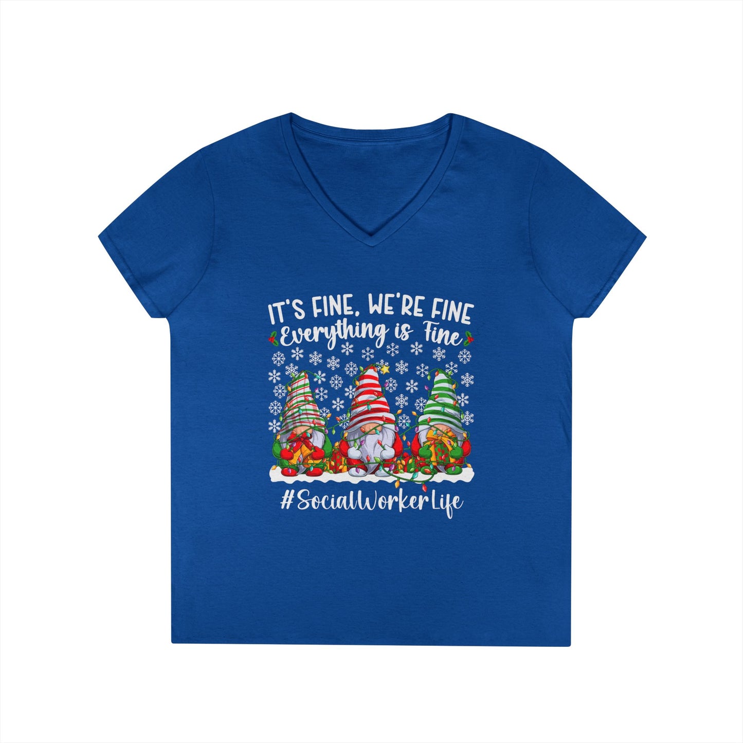 Social Worker Life Christmas V-Neck Tee — "It's Fine, We're Fine" Gnome Holiday Shirt