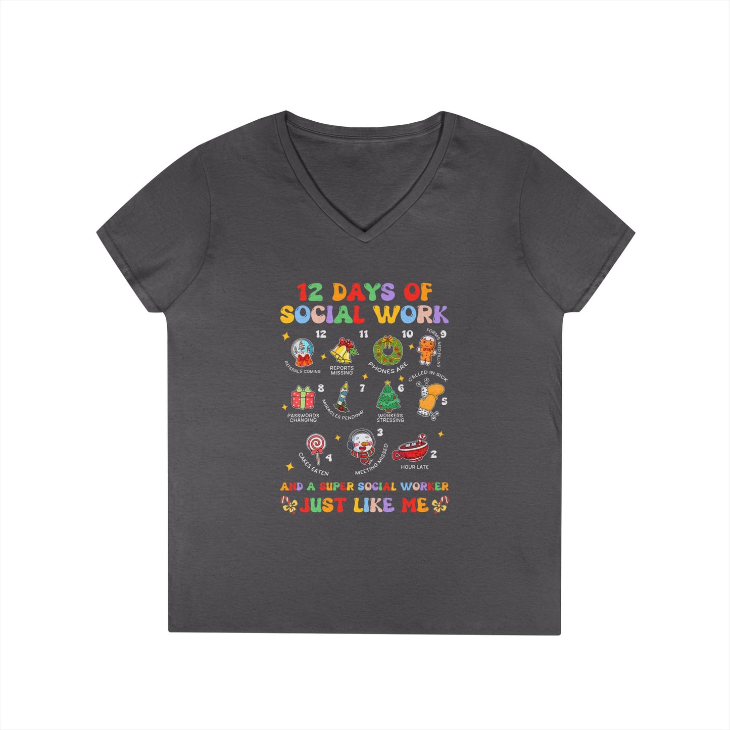 Ladies' V-Neck T-Shirt — "12 Days of Social Work" Holiday Graphic Tee