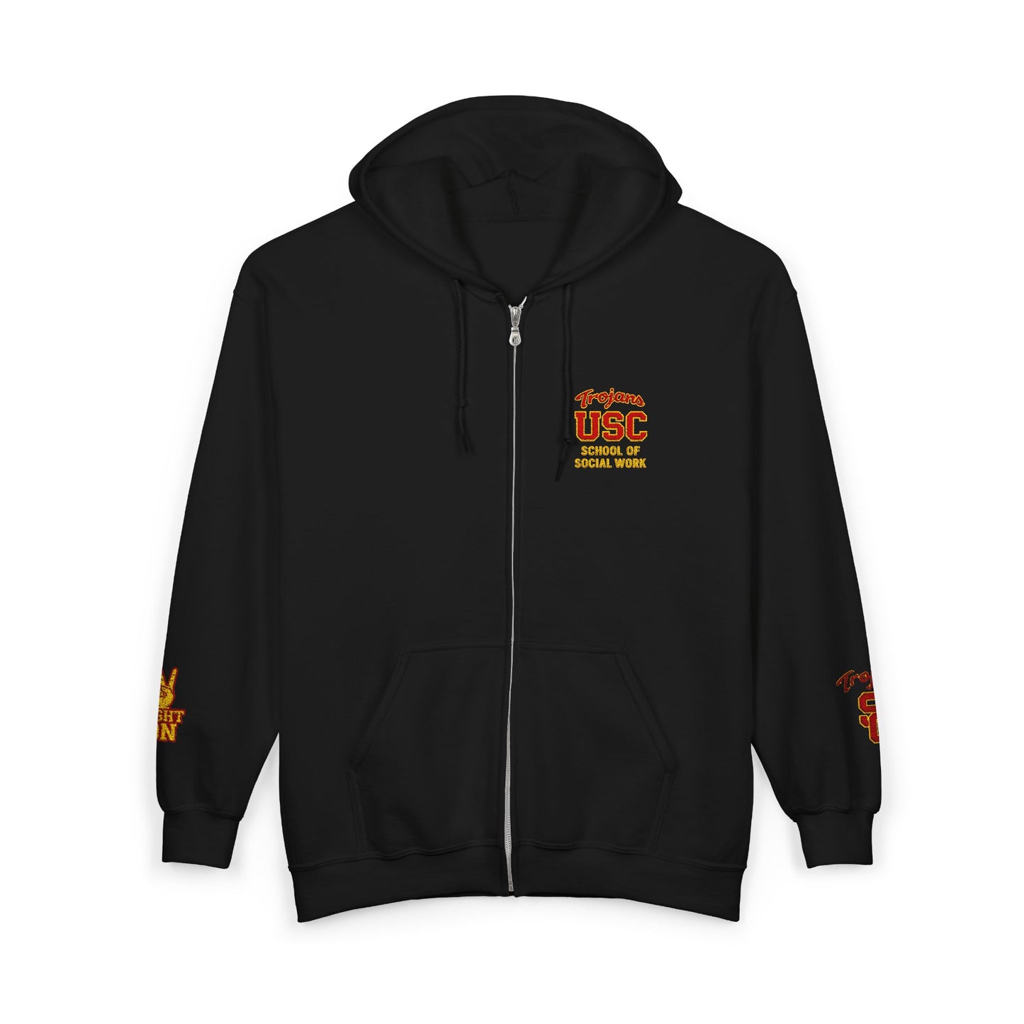 USC School of Social Work- Full-Zip Hoodie – Chest & Sleeve Logo Zip-Up Sweatshirt