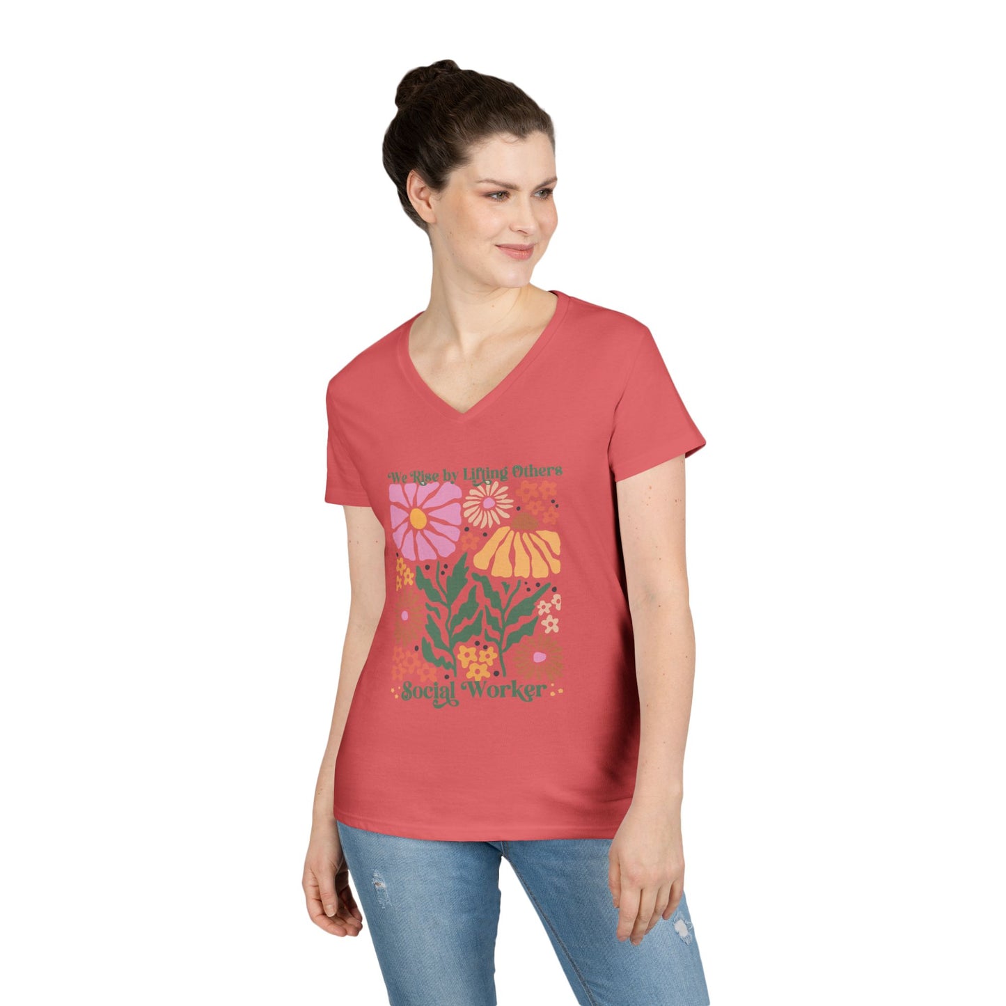 Social Worker Floral V-Neck T‑Shirt — "We Rise by Lifting Others"