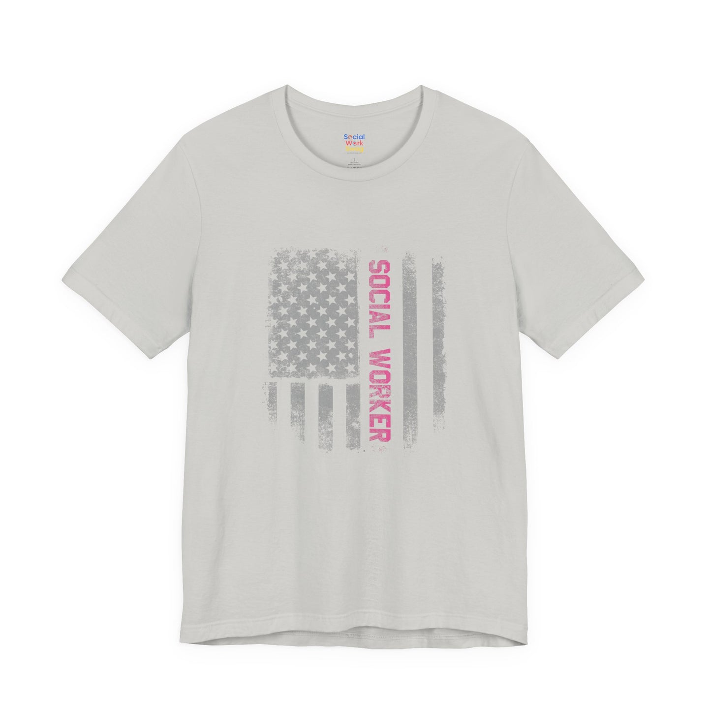 Unisex-Social Worker American Flag T-Shirt — Distressed Gray & Pink Honor Tee