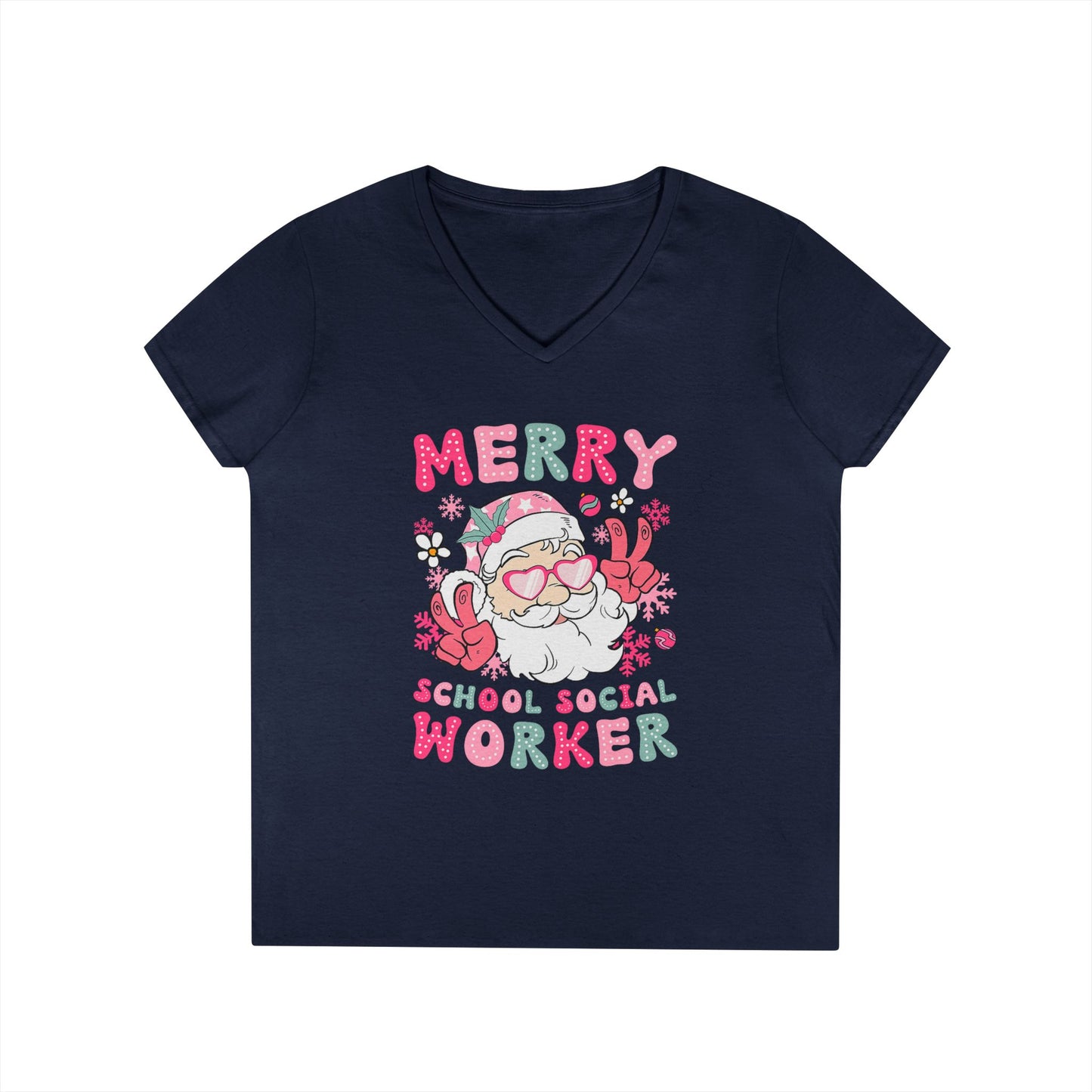 Merry School Social Worker V-Neck Tee — Cute Santa Holiday Shirt for Female Educators