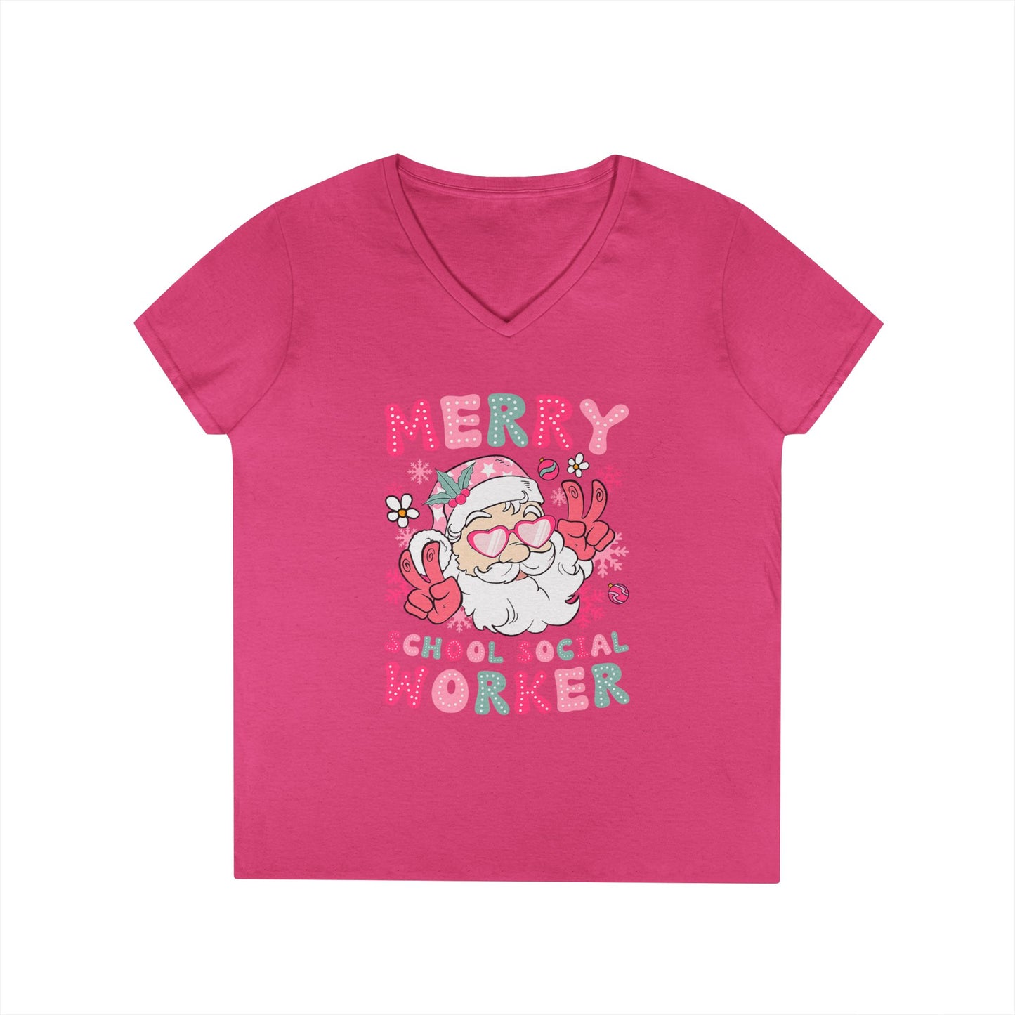 Merry School Social Worker V-Neck Tee — Cute Santa Holiday Shirt for Female Educators