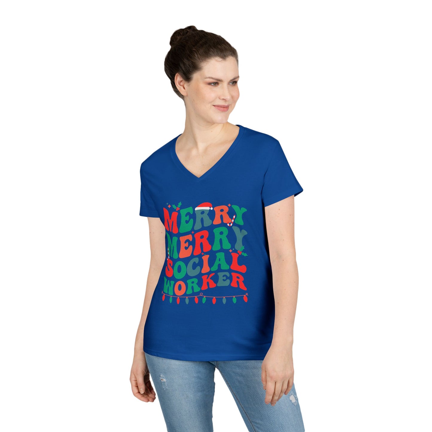 Merry Merry Social Worker V-Neck Tee — Holiday Christmas Shirt for Social Workers