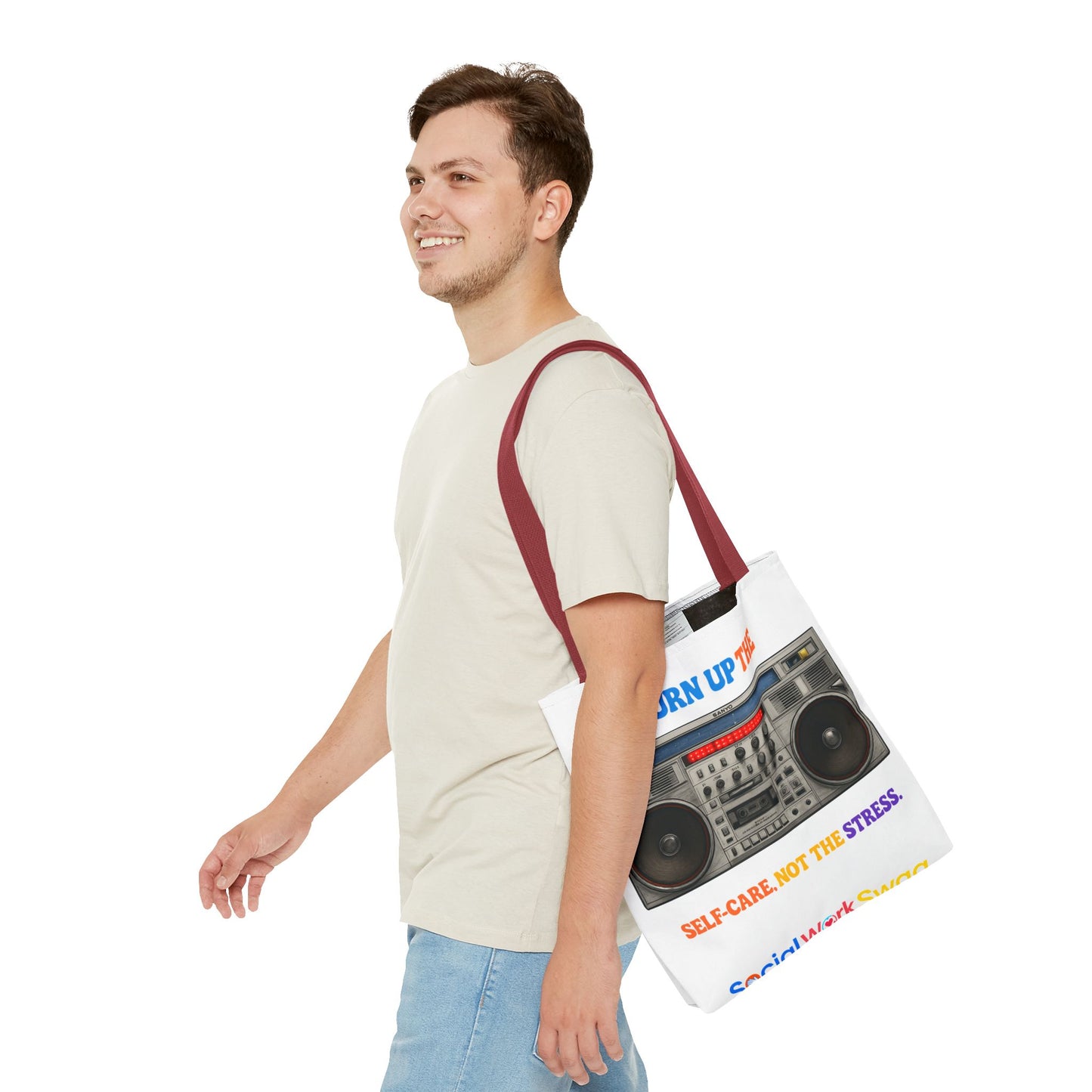 Turn Up the Self-Care Tote Bag — Retro Boombox 'Self-Care, Not the Stress' (Mental Health/Social Worker)
