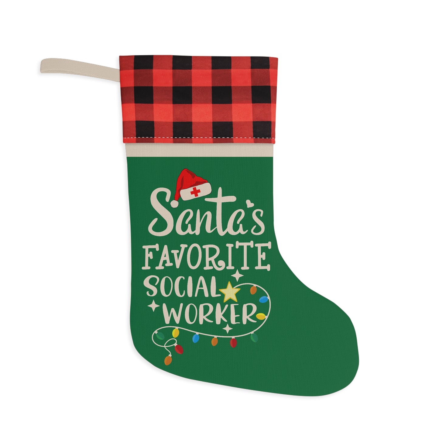 Christmas Stocking - "Santa's Favorite Social Worker" Plaid Cuff Holiday Stocking - Medical Social Work