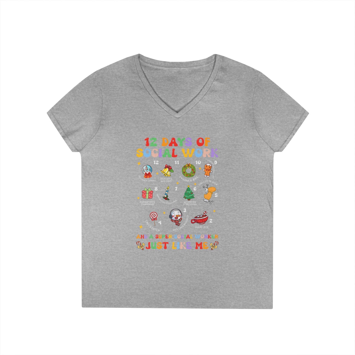 Ladies' V-Neck T-Shirt — "12 Days of Social Work" Holiday Graphic Tee