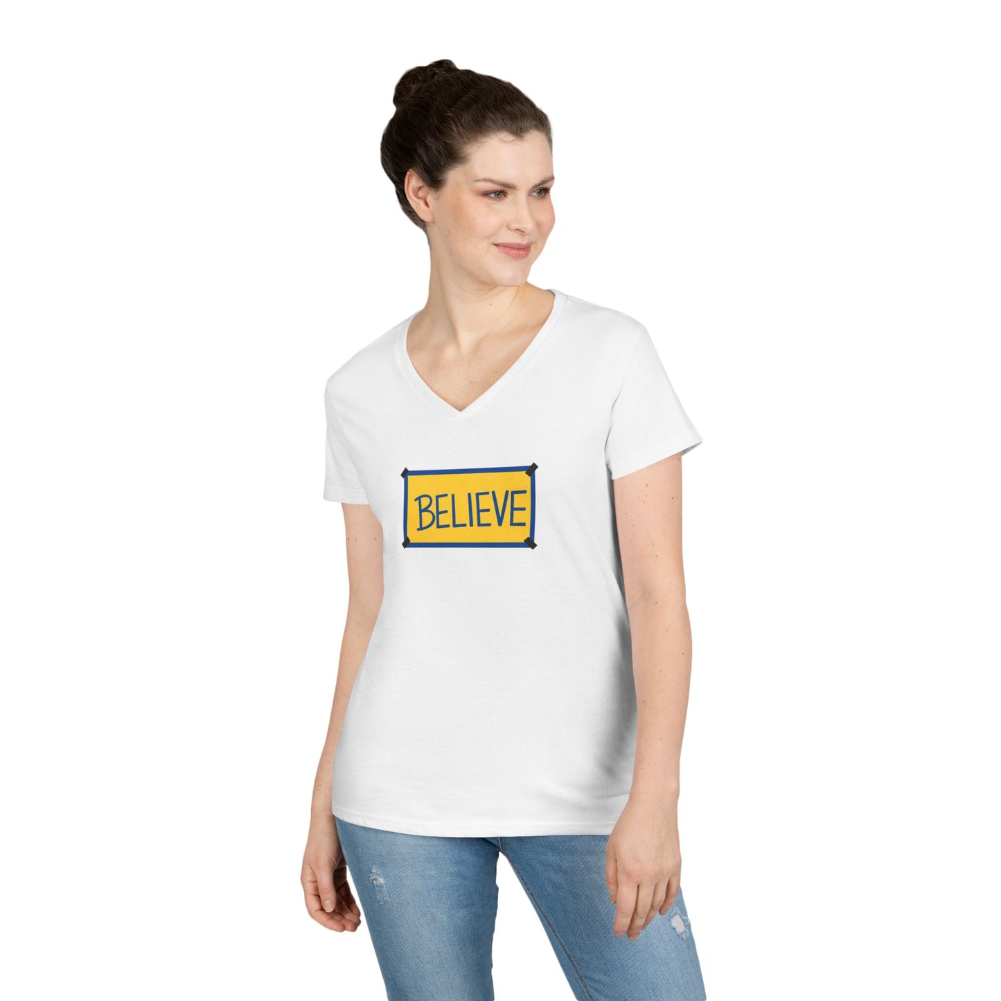 Believe Ladies' V-Neck Tee — Inspirational Graphic T-Shirt for Women (Social Worker/Mental Health)