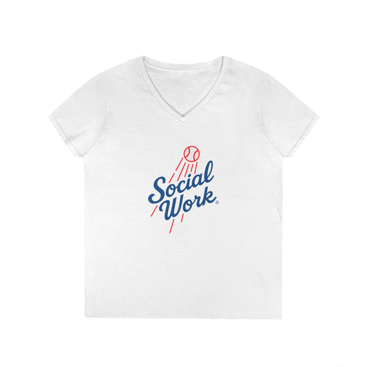 Social Work Baseball V-Neck Tee — Retro 'Social Work' LAD Baseball Script Shirt for Women