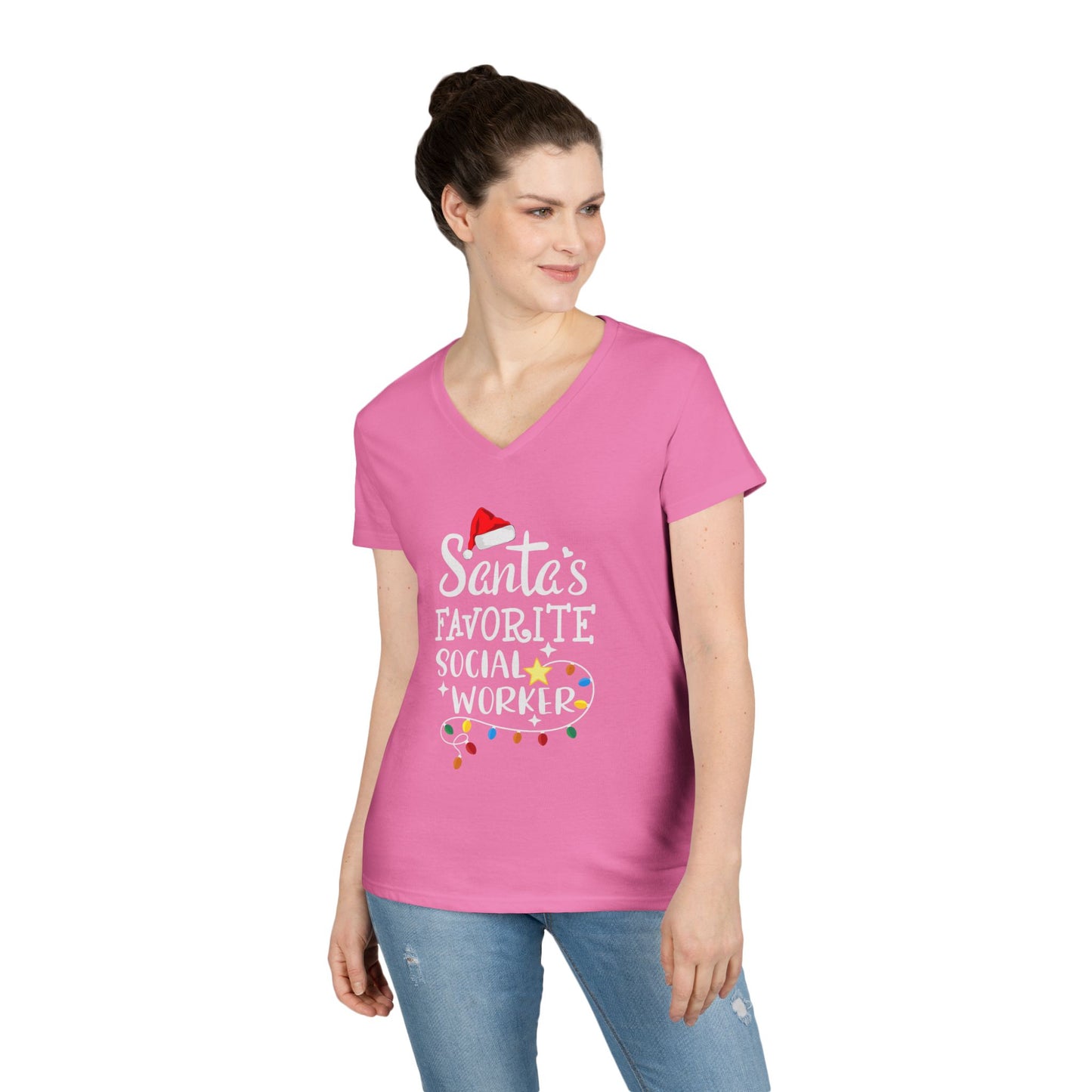 Santa’s Favorite Social Worker V-Neck Tee — Christmas Holiday Gift for Female Social Workers