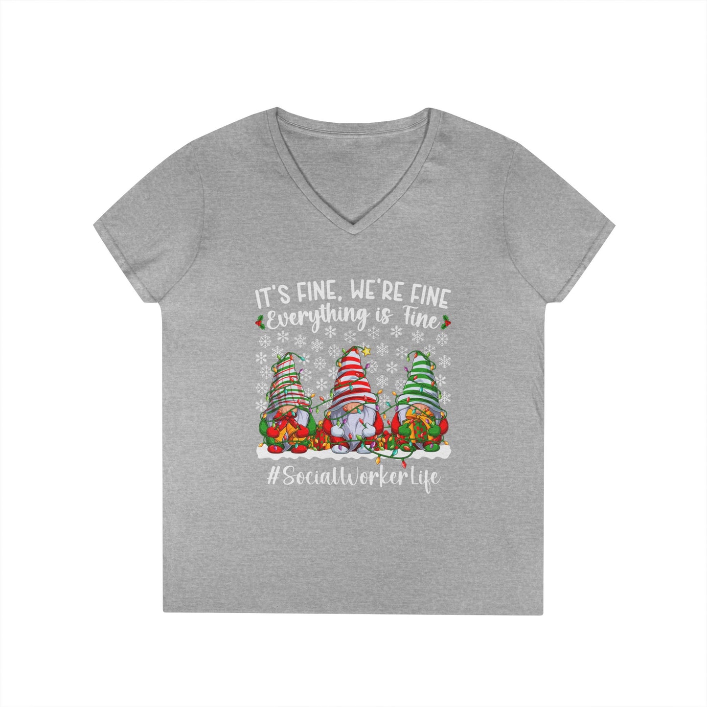 Social Worker Life Christmas V-Neck Tee — "It's Fine, We're Fine" Gnome Holiday Shirt