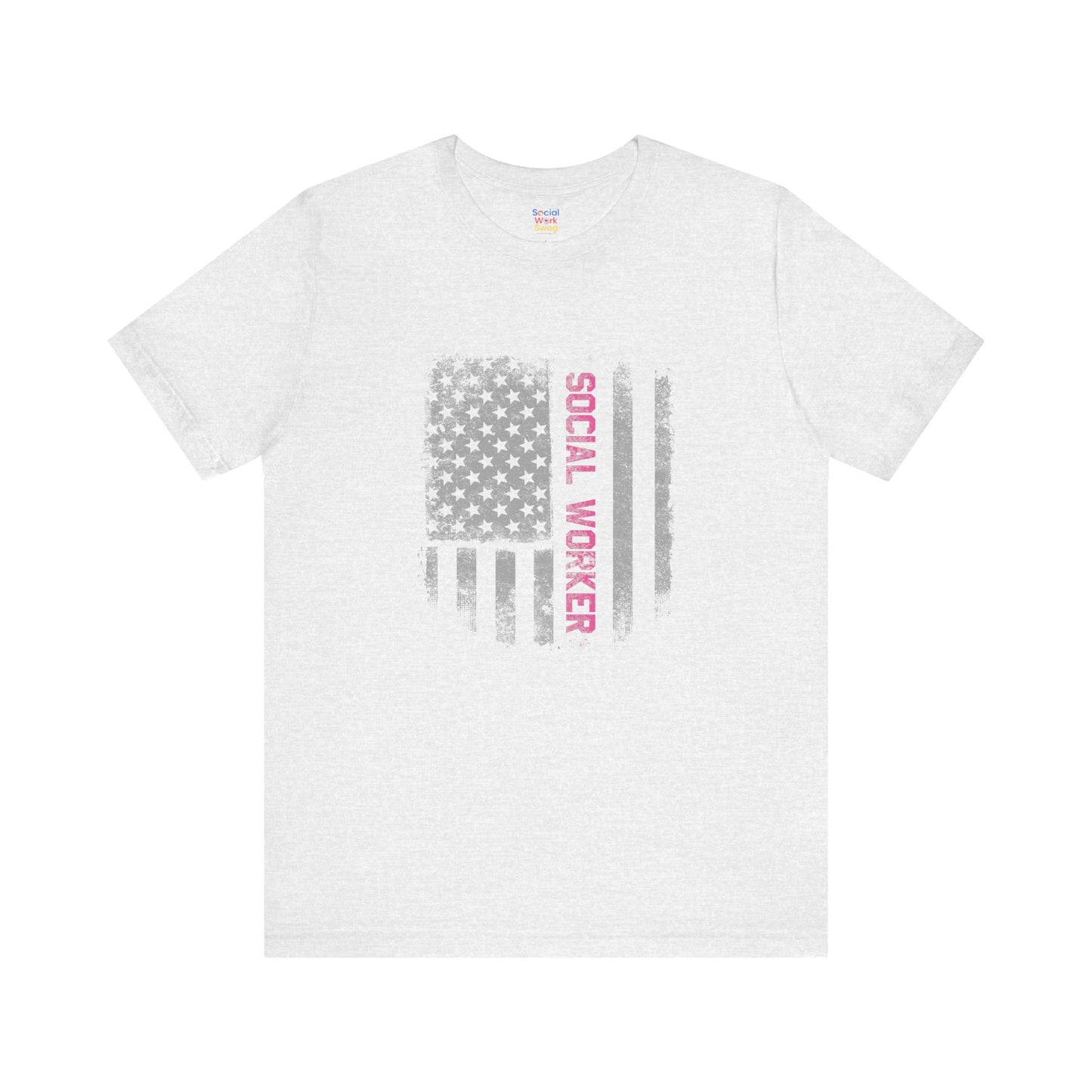 Unisex-Social Worker American Flag T-Shirt — Distressed Gray & Pink Honor Tee