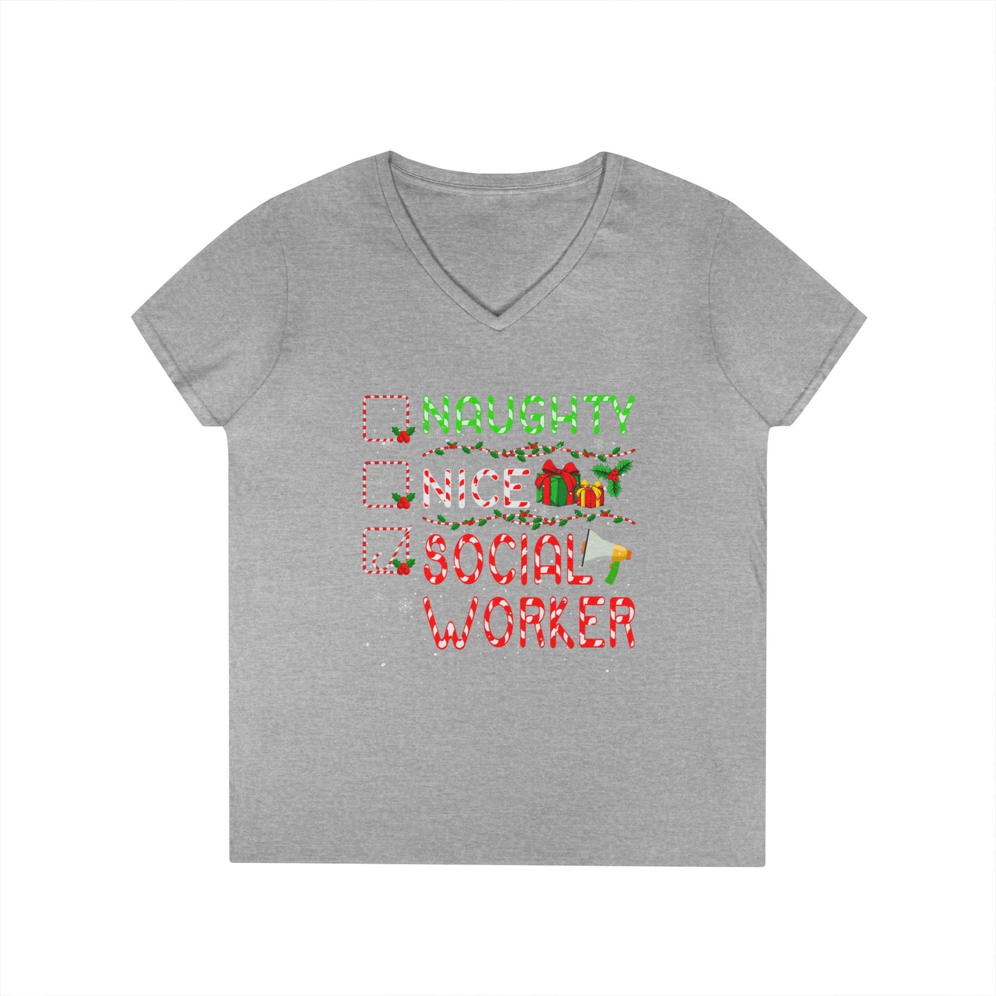 Social Worker Christmas V-Neck T-Shirt — Naughty Nice Social Worker Holiday Tee