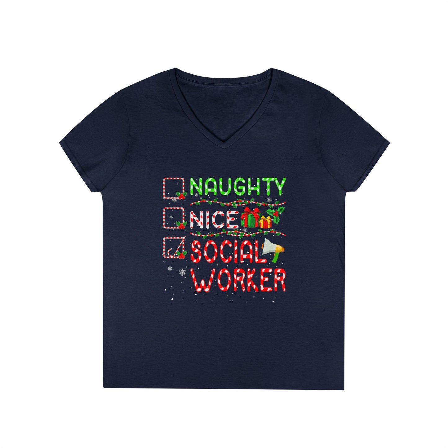 Social Worker Christmas V-Neck T-Shirt — Naughty Nice Social Worker Holiday Tee