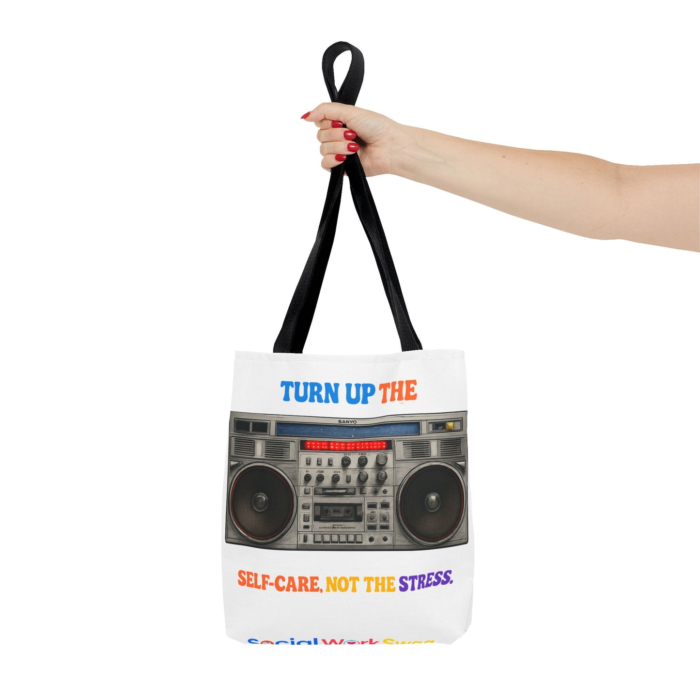 Turn Up the Self-Care Tote Bag — Retro Boombox 'Self-Care, Not the Stress' (Mental Health/Social Worker)