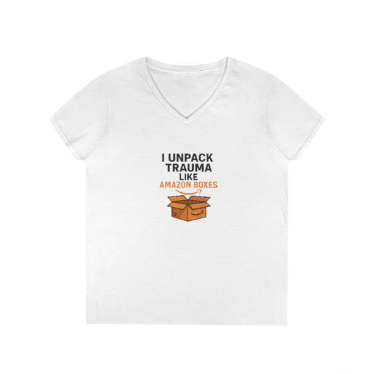 Trauma Unpacking V-Neck T-Shirt, Funny Tee, Gift for Therapists, School Social Workers, Mental Health Humor
