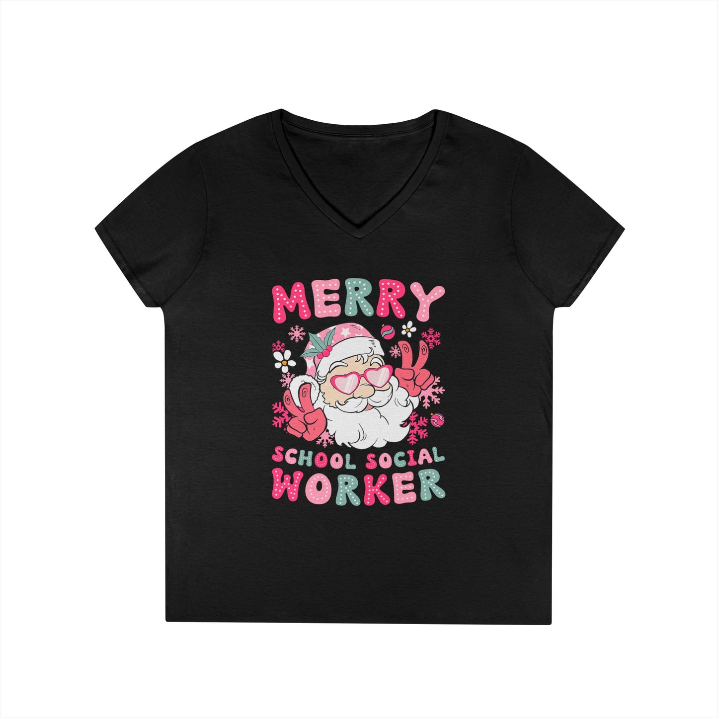 Merry School Social Worker V-Neck Tee — Cute Santa Holiday Shirt for Female Educators