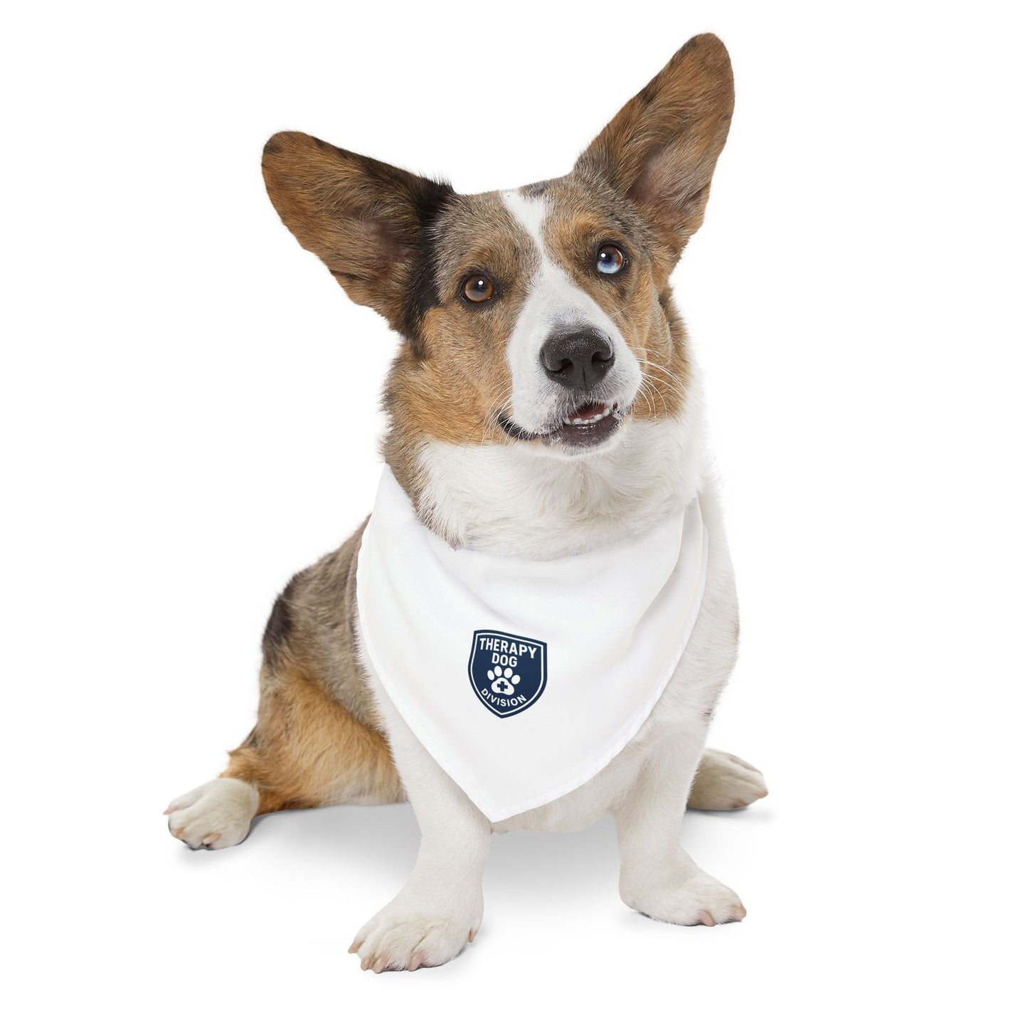 Therapy Dog Bandana Collar — White Pet Bandana with Shield Patch